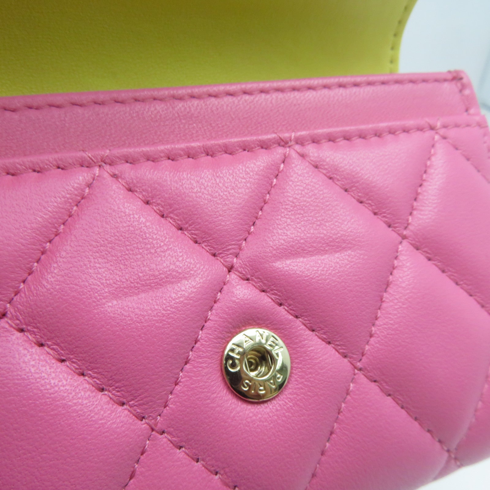 CHANEL 菱格羊皮皮革Card Case金扣卡片套粉紅色/黃色