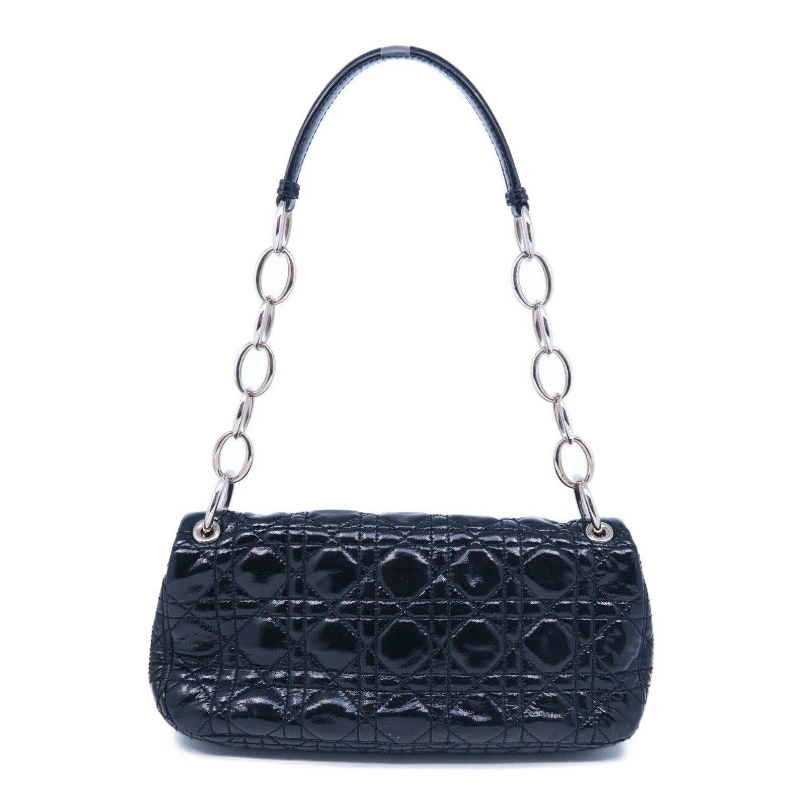 Dior 漆皮皮革Rendez-Vous Flap Bag銀扣鏈帶肩背袋黑色