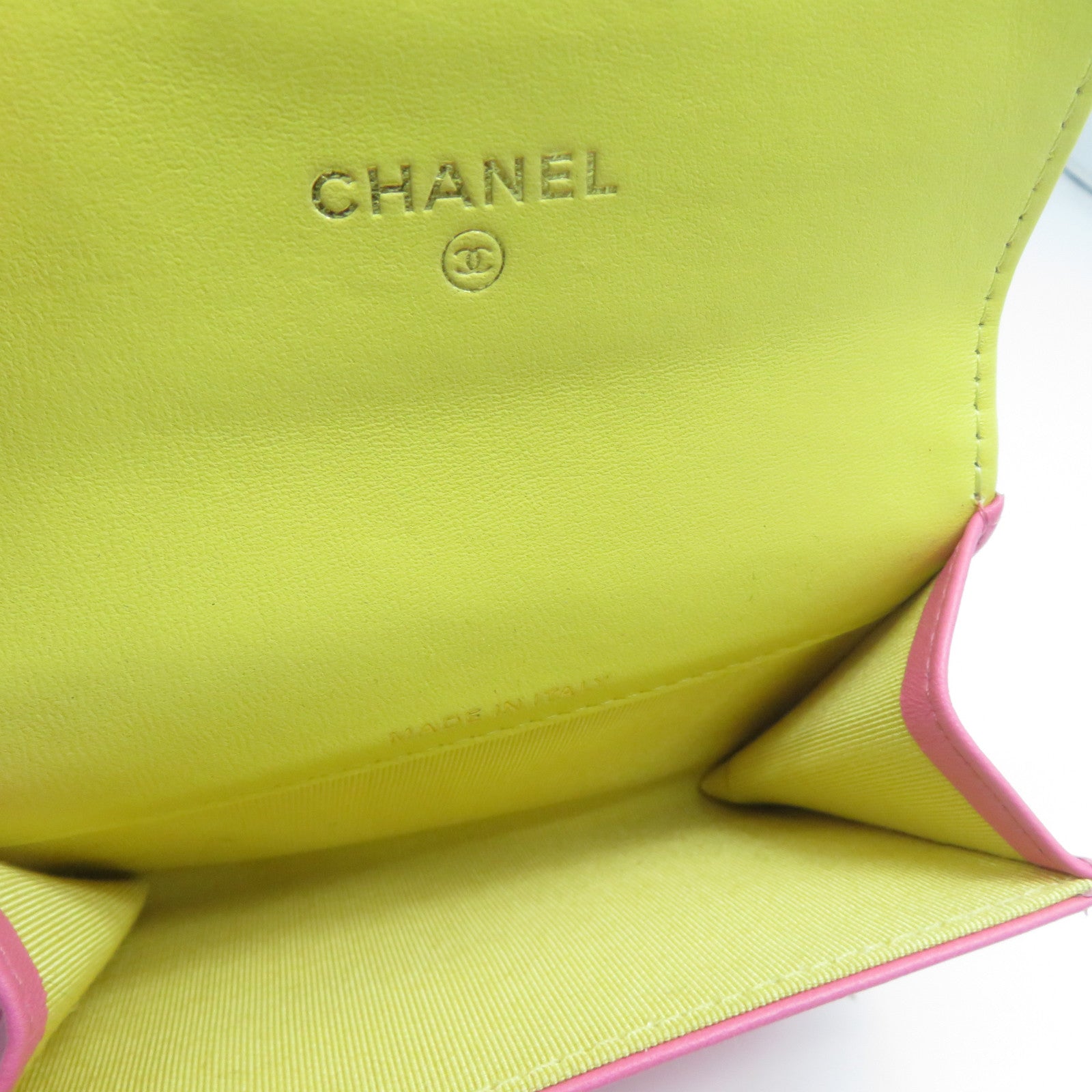 CHANEL 菱格羊皮皮革Card Case金扣卡片套粉紅色/黃色