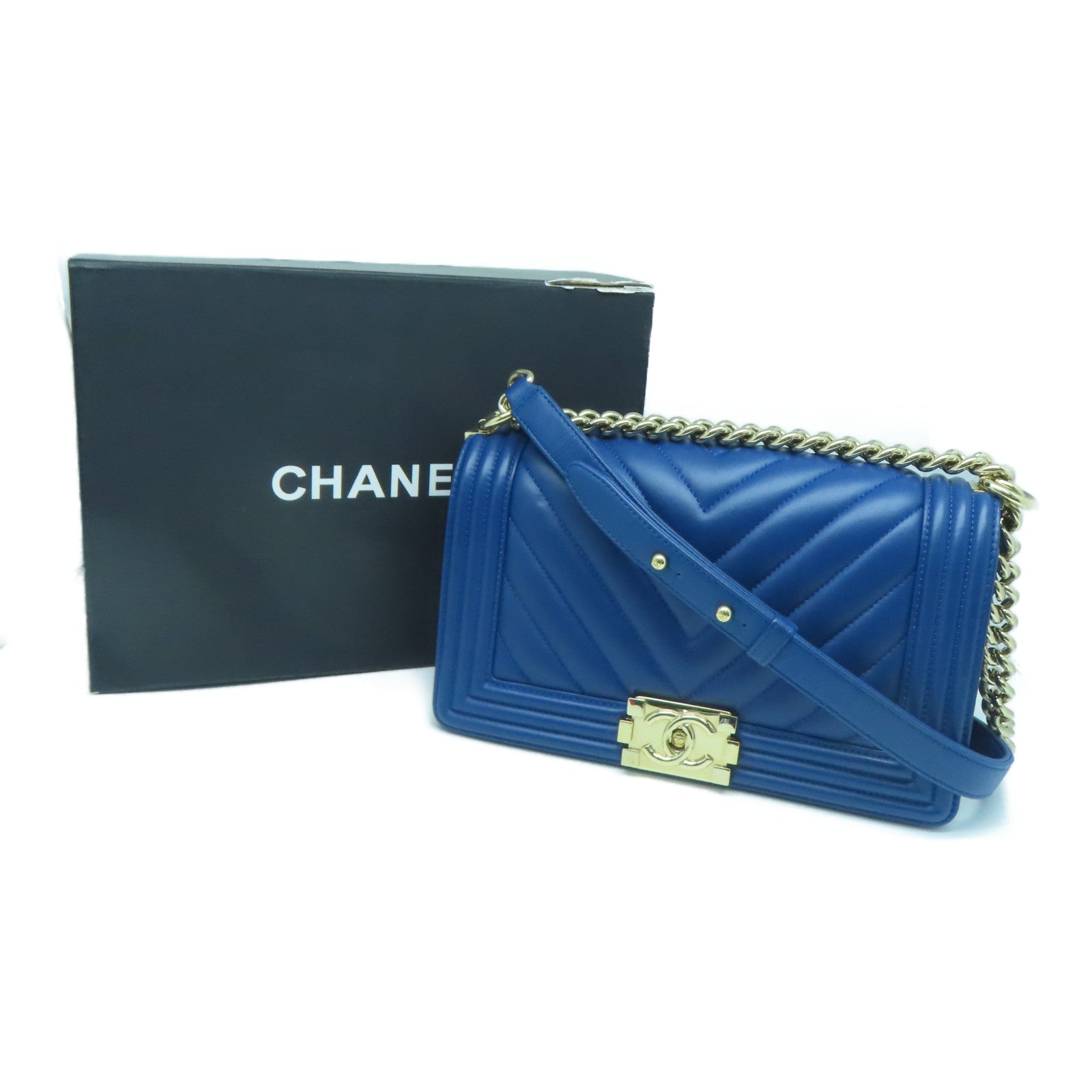 CHANEL 斜紋羊皮皮革Boy Chanel 25金扣鏈帶肩背袋藍色