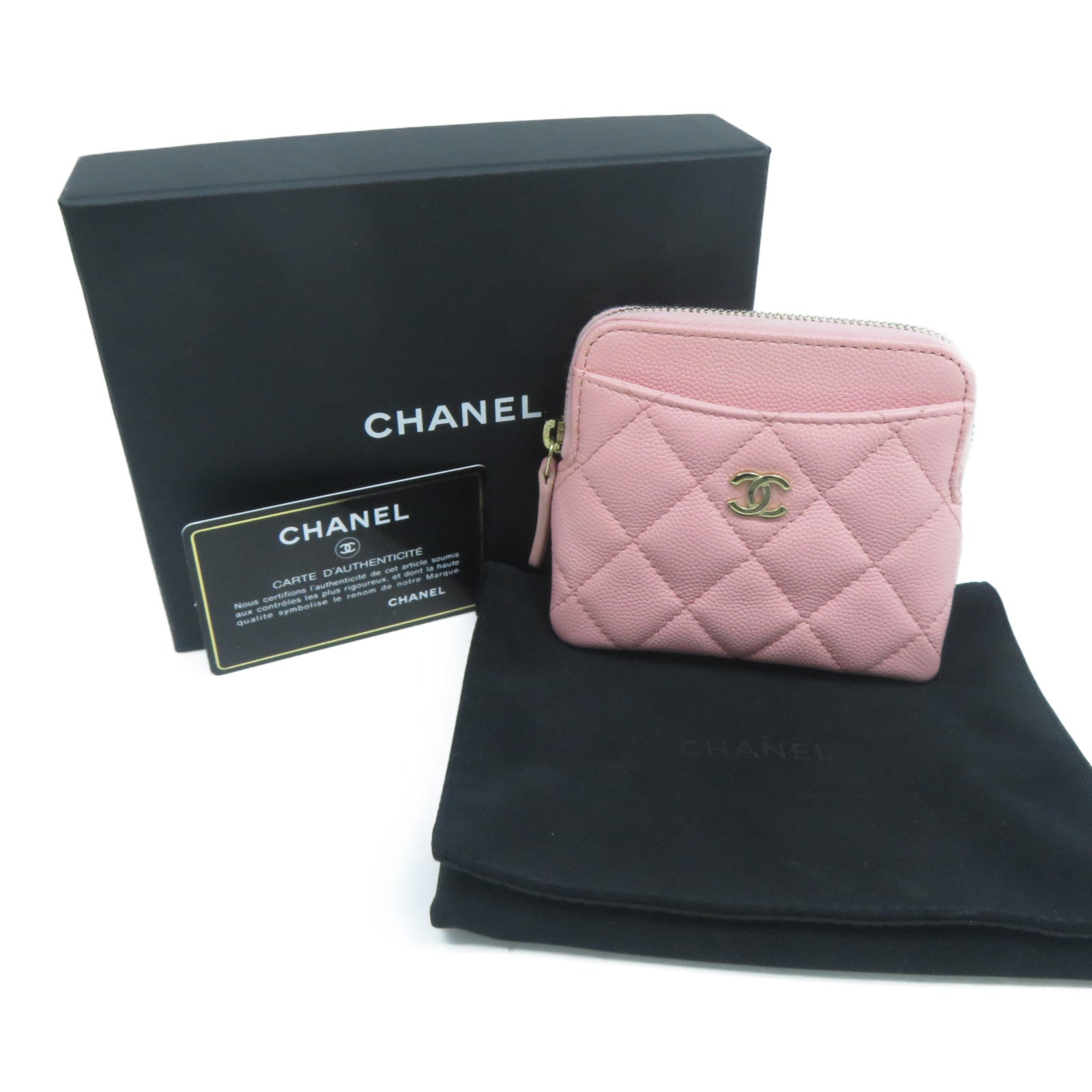 CHANEL 菱格Caviar皮革Card Holder金扣卡片套粉紅色