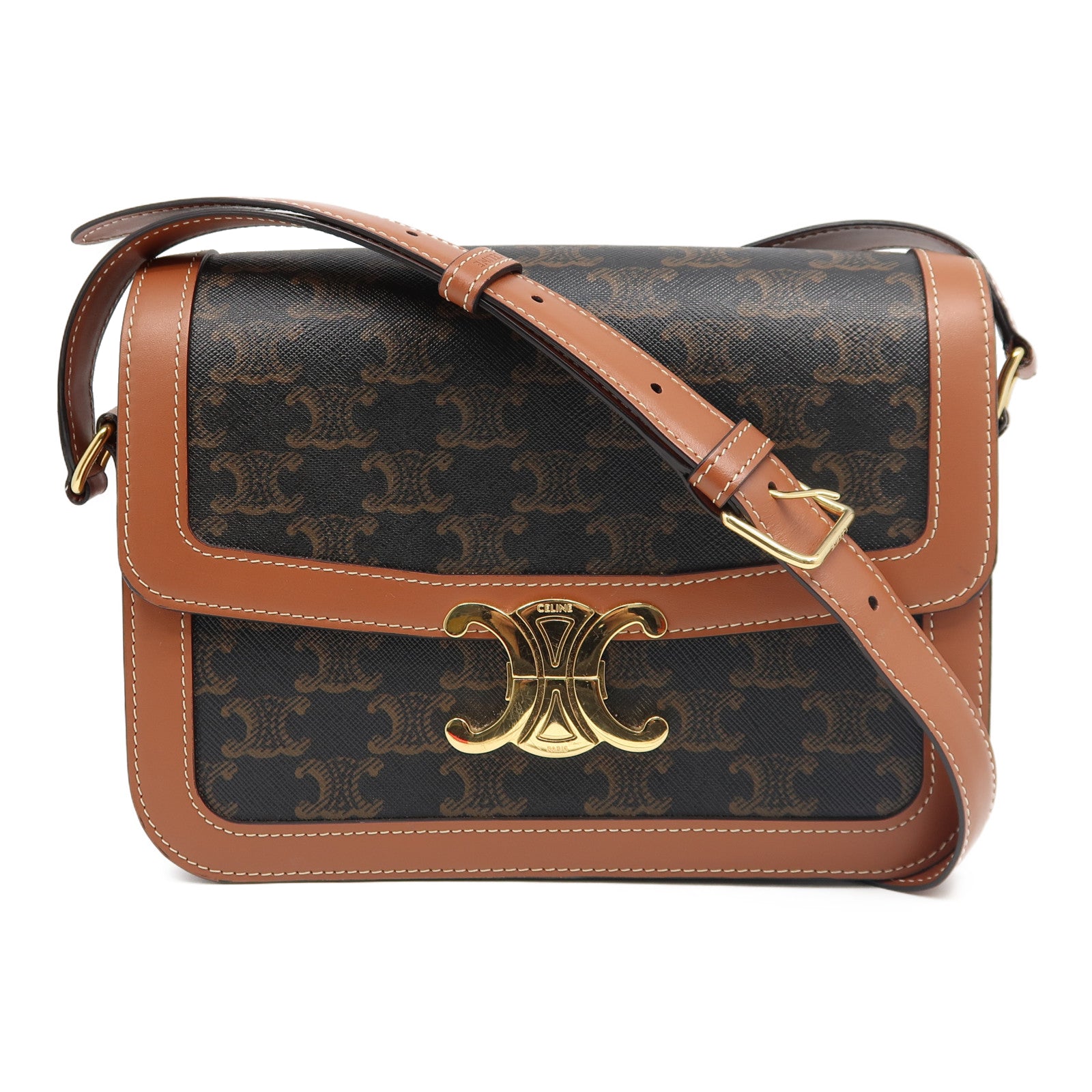 CELINE 塗層帆布Medium Triomphe金扣肩背袋啡色