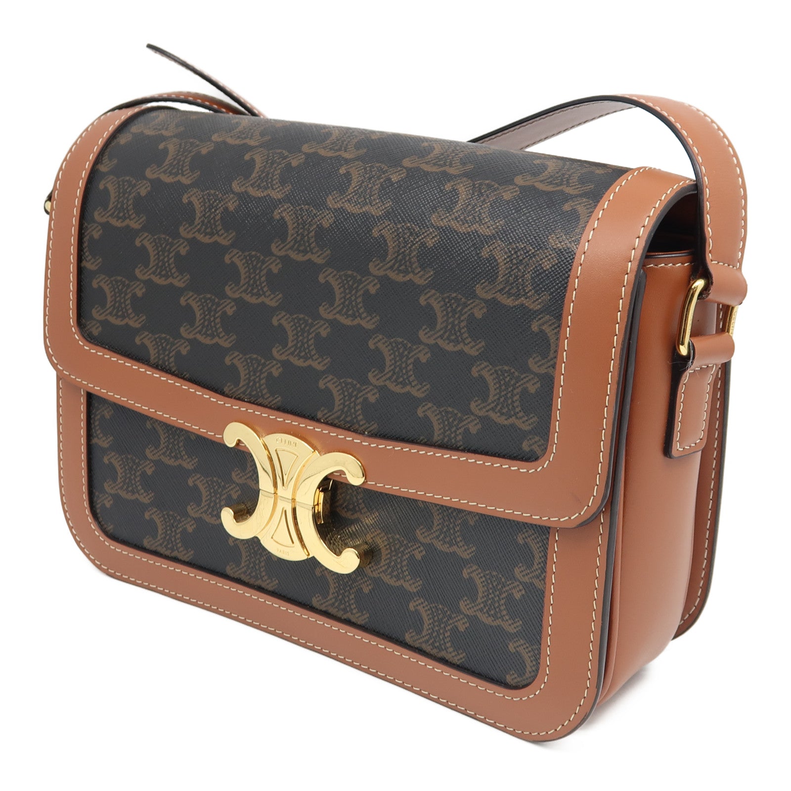 CELINE 塗層帆布Medium Triomphe金扣肩背袋啡色