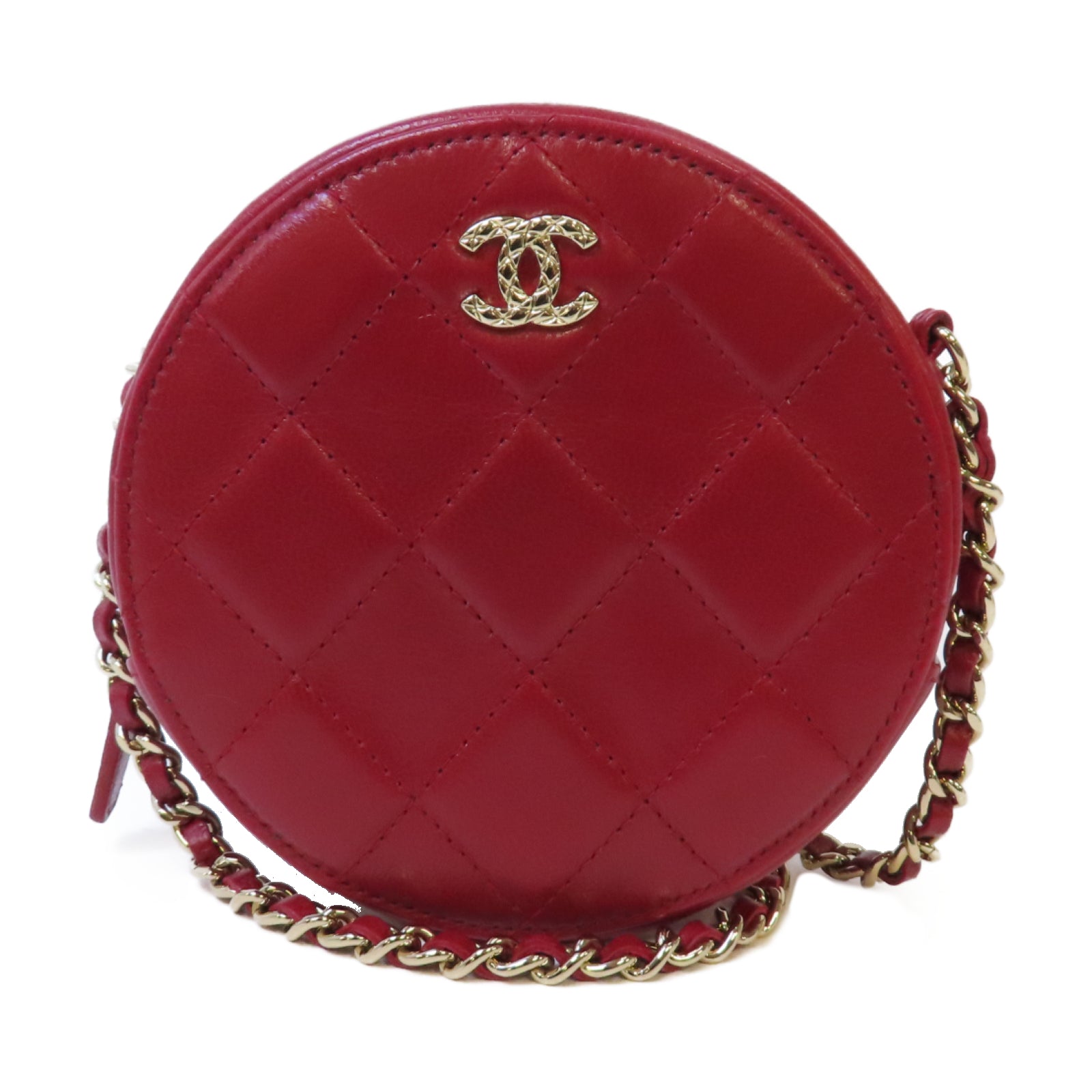CHANEL 菱格牛皮皮革Chain Shoulder金扣鏈帶肩背袋紅色