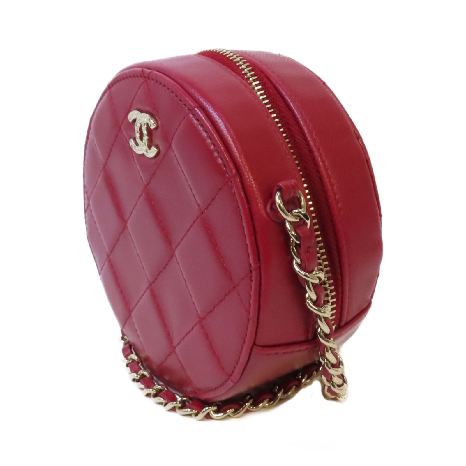 CHANEL 菱格牛皮皮革Chain Shoulder金扣鏈帶肩背袋紅色