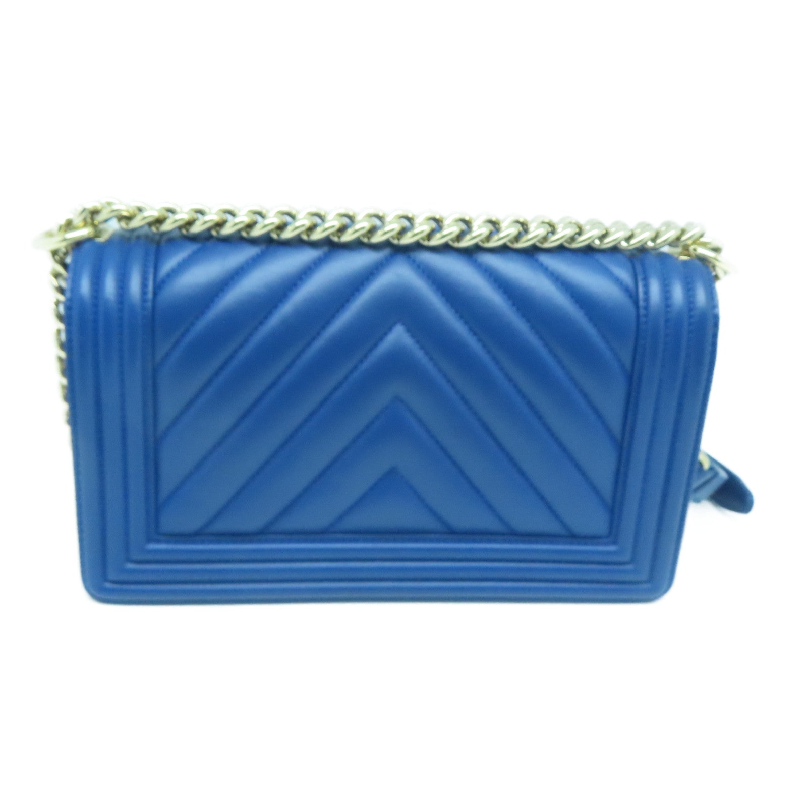 CHANEL 斜紋羊皮皮革Boy Chanel 25金扣鏈帶肩背袋藍色