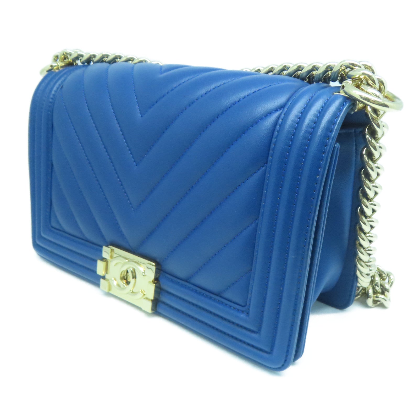 CHANEL 斜紋羊皮皮革Boy Chanel 25金扣鏈帶肩背袋藍色