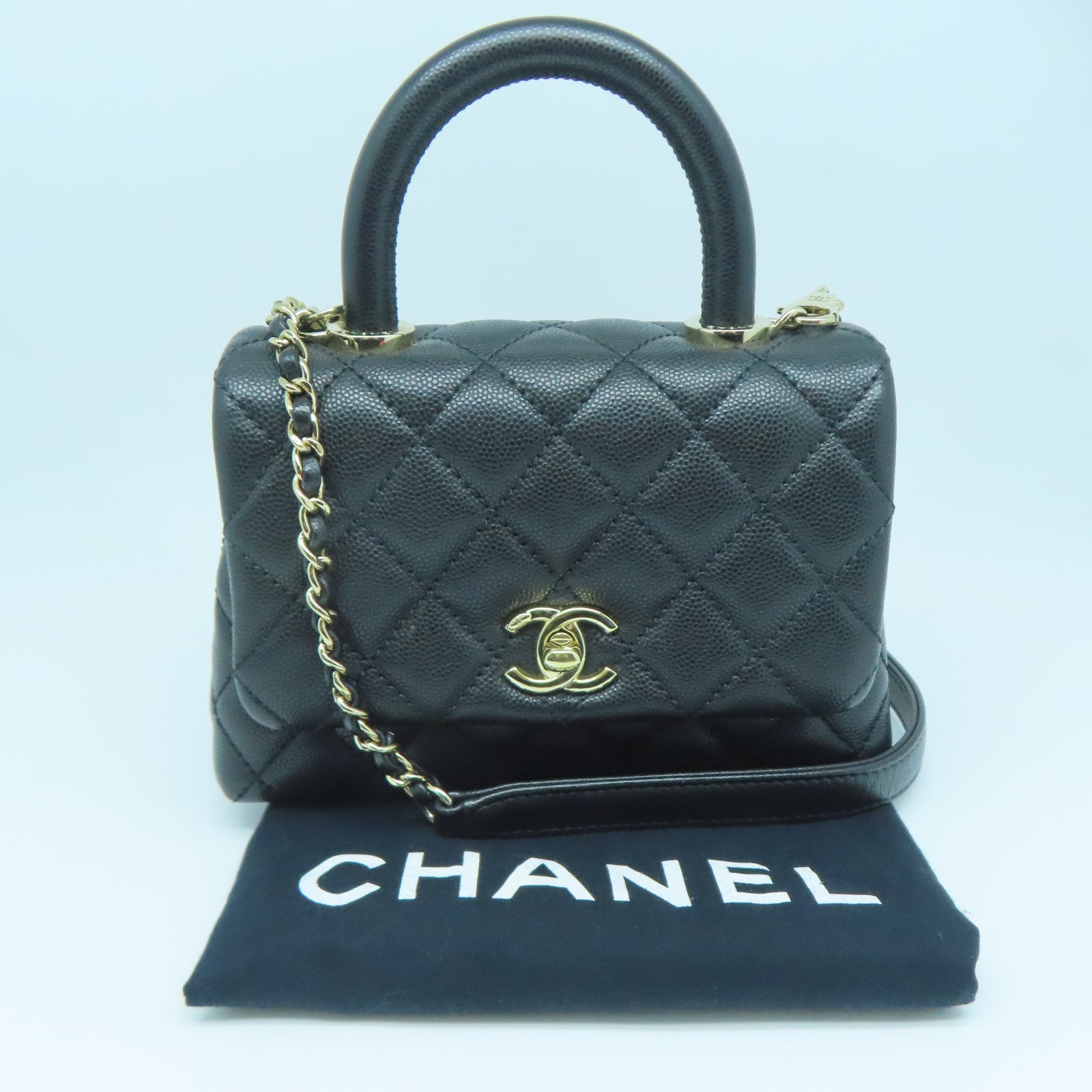CHANEL 菱格牛皮皮革2way Shoulder Bag金扣手挽肩背两用袋黑色