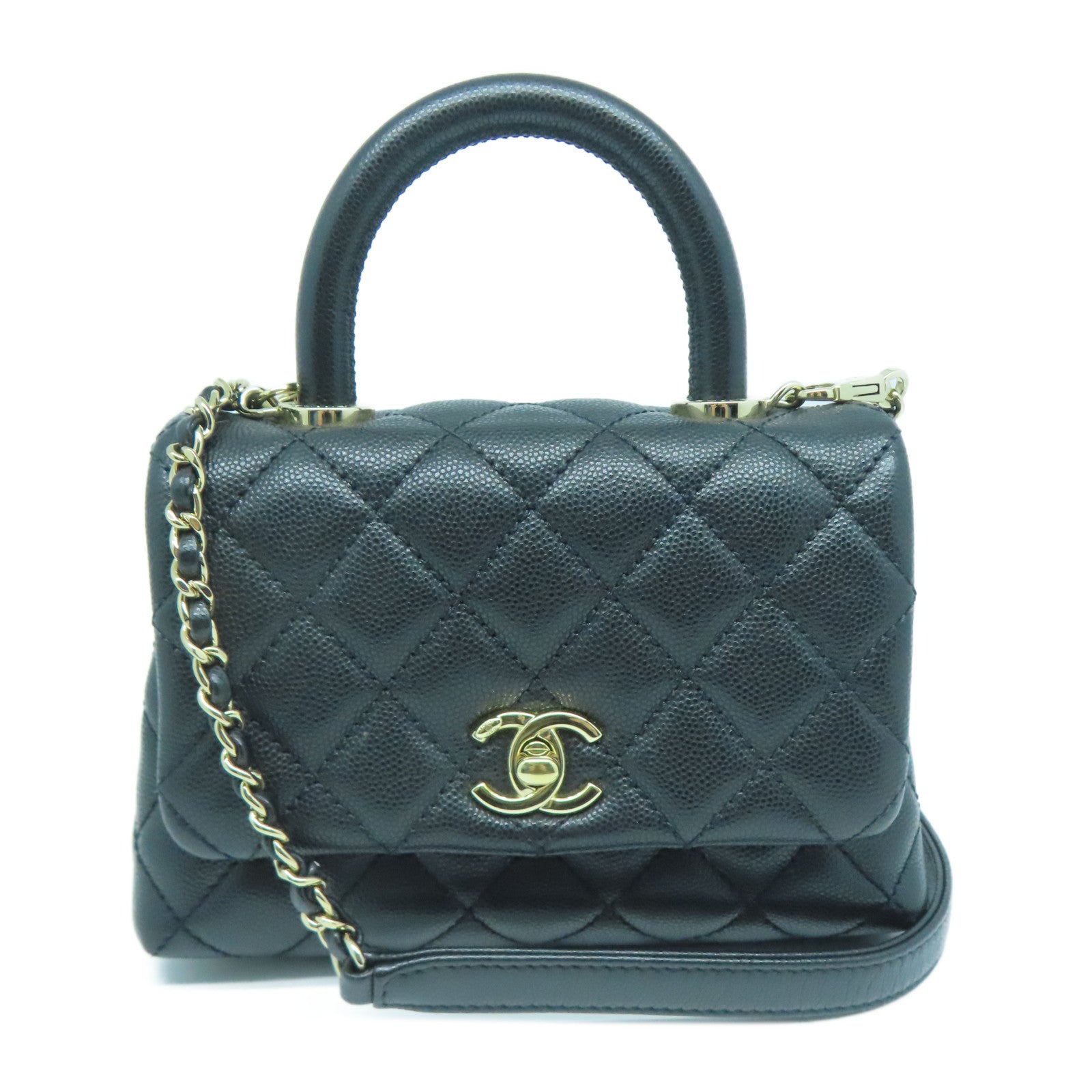 CHANEL 菱格牛皮皮革2way Shoulder Bag金扣手挽肩背两用袋黑色
