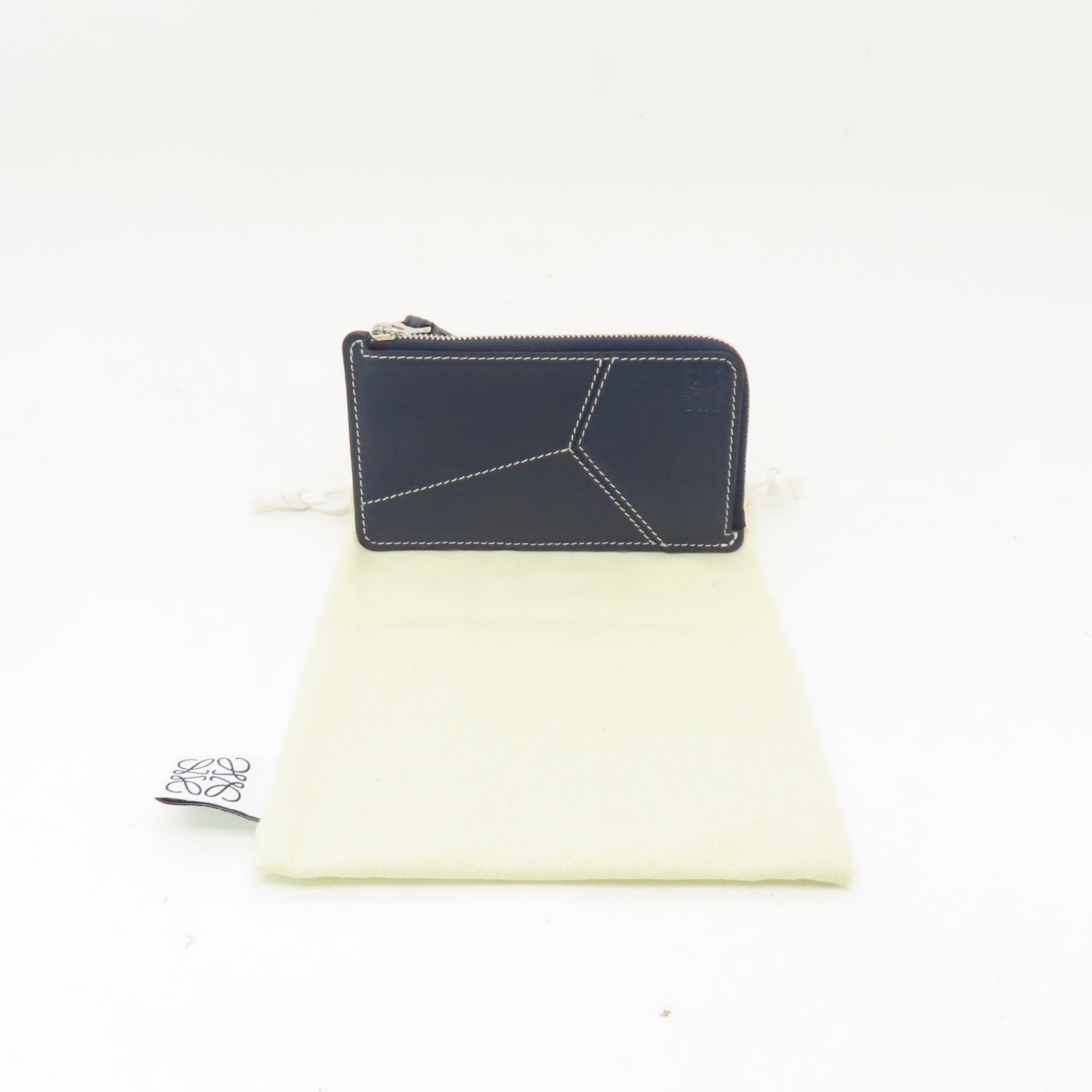 LOEWE 牛皮皮革Puzzle Stitches Card Holder銀扣卡片套深藍色