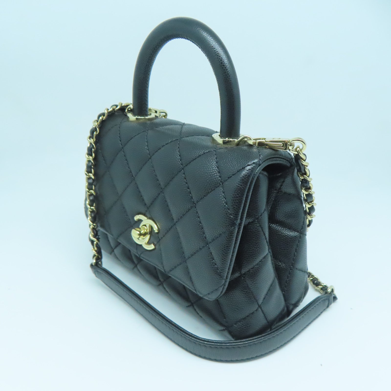 CHANEL 菱格牛皮皮革2way Shoulder Bag金扣手挽肩背两用袋黑色