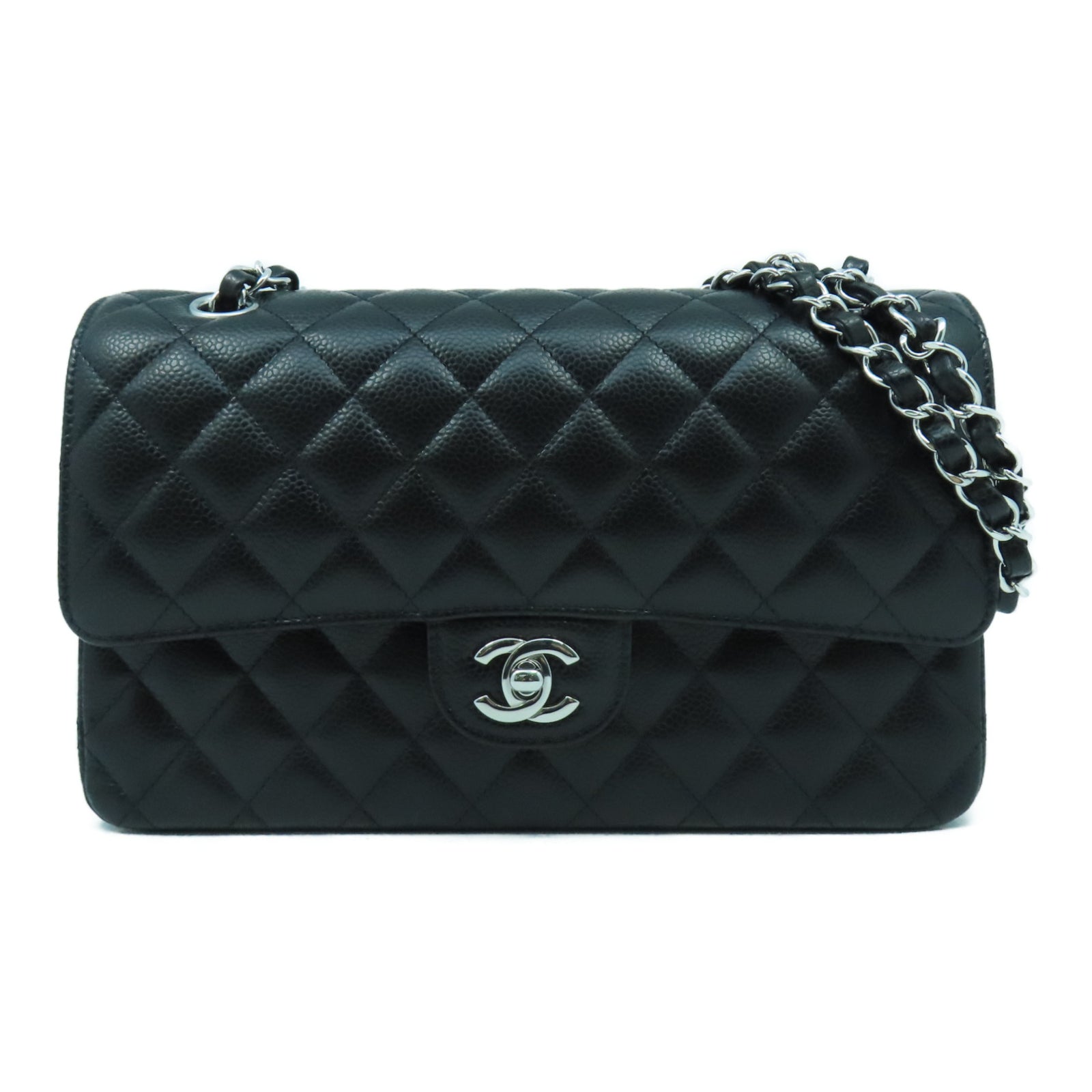 CHANEL 菱格Caviar皮革Classic 25cm銀扣鏈帶肩背袋黑色