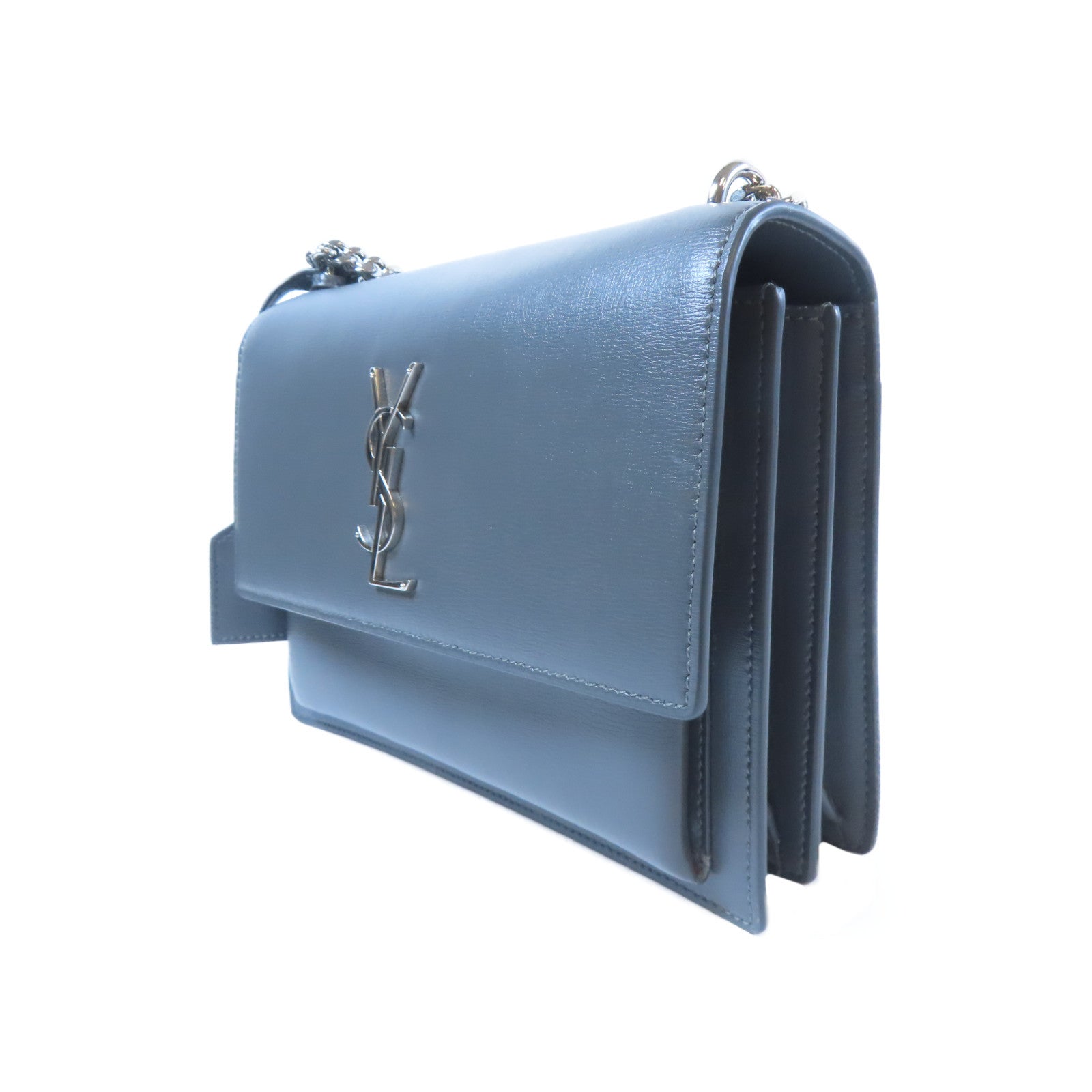 YVES SAINT LAURENT 牛皮皮革Shoulder Bag銀扣肩背袋灰色