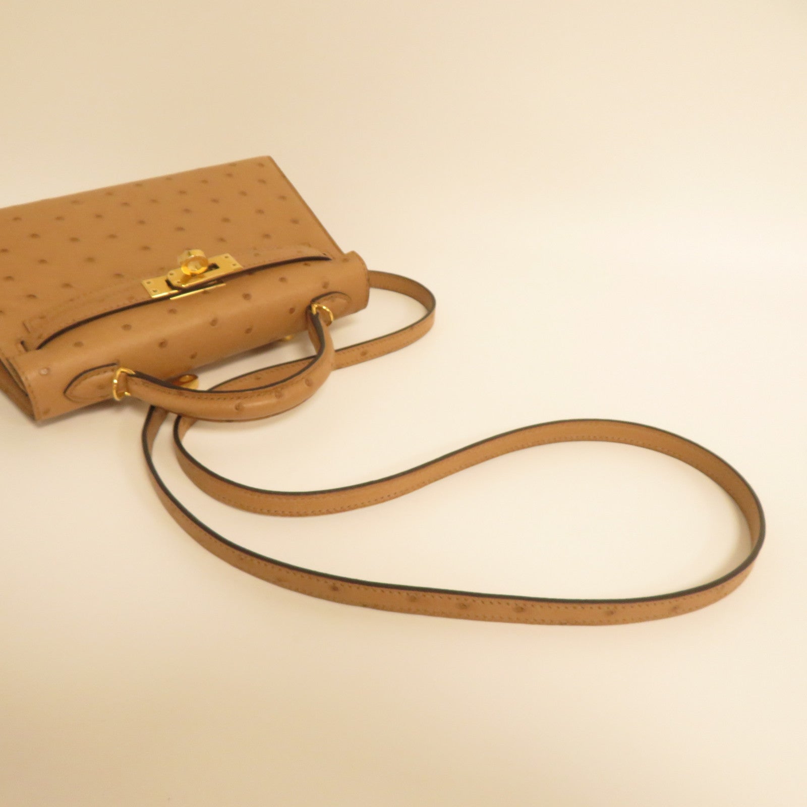 HERMES 鴕鳥皮革Mini Kelly金扣手挽肩背兩用袋Chai奶茶色