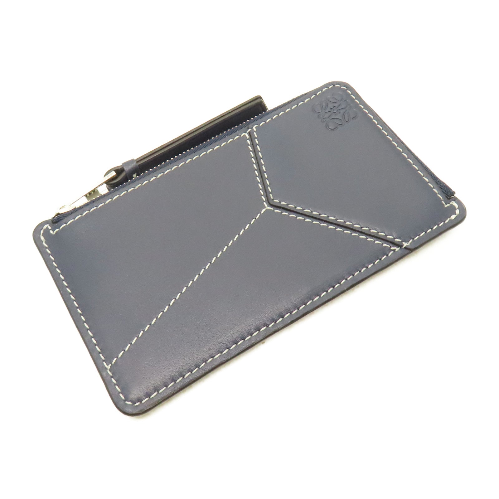 LOEWE 牛皮皮革Puzzle Stitches Card Holder銀扣卡片套深藍色