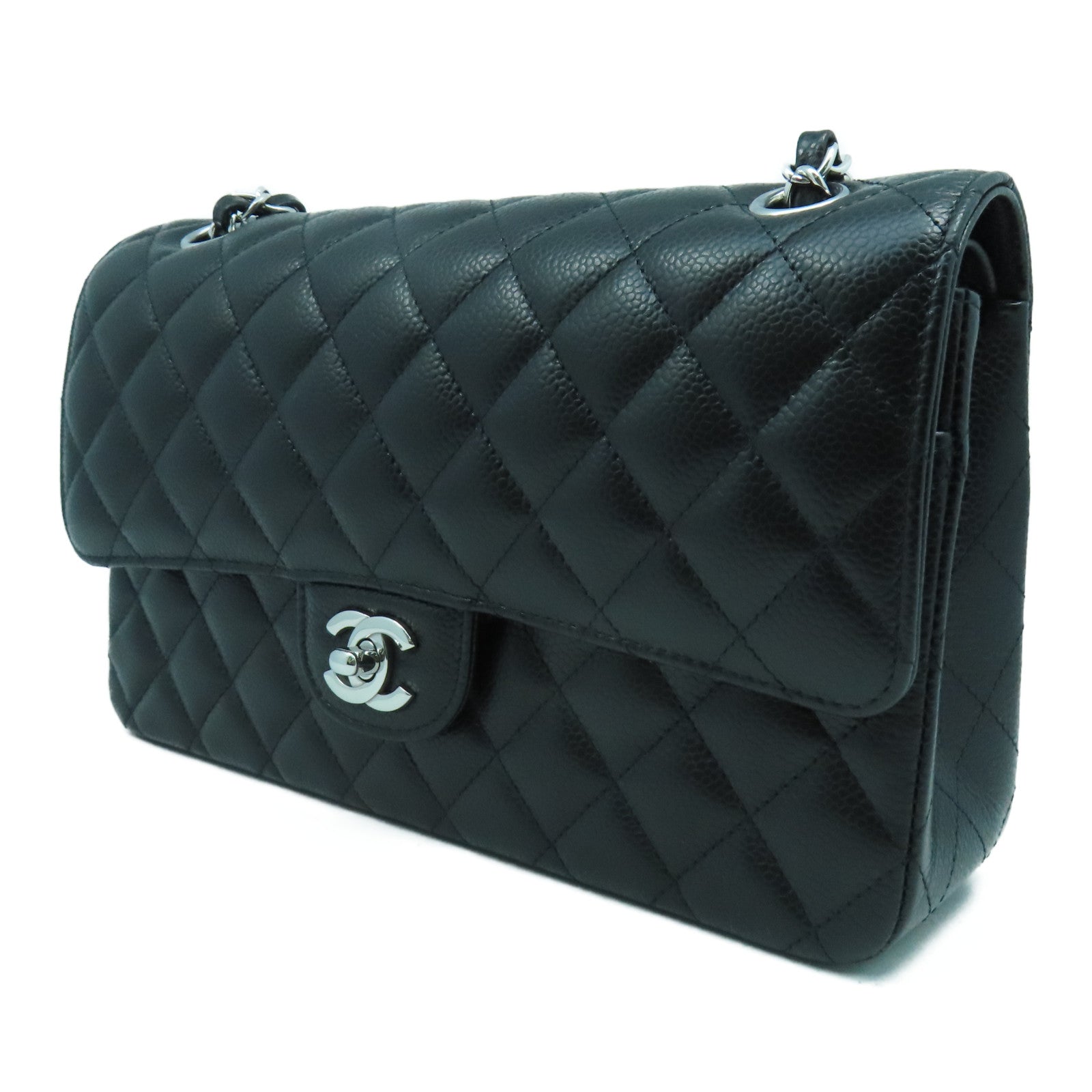 CHANEL 菱格Caviar皮革Classic 25cm銀扣鏈帶肩背袋黑色