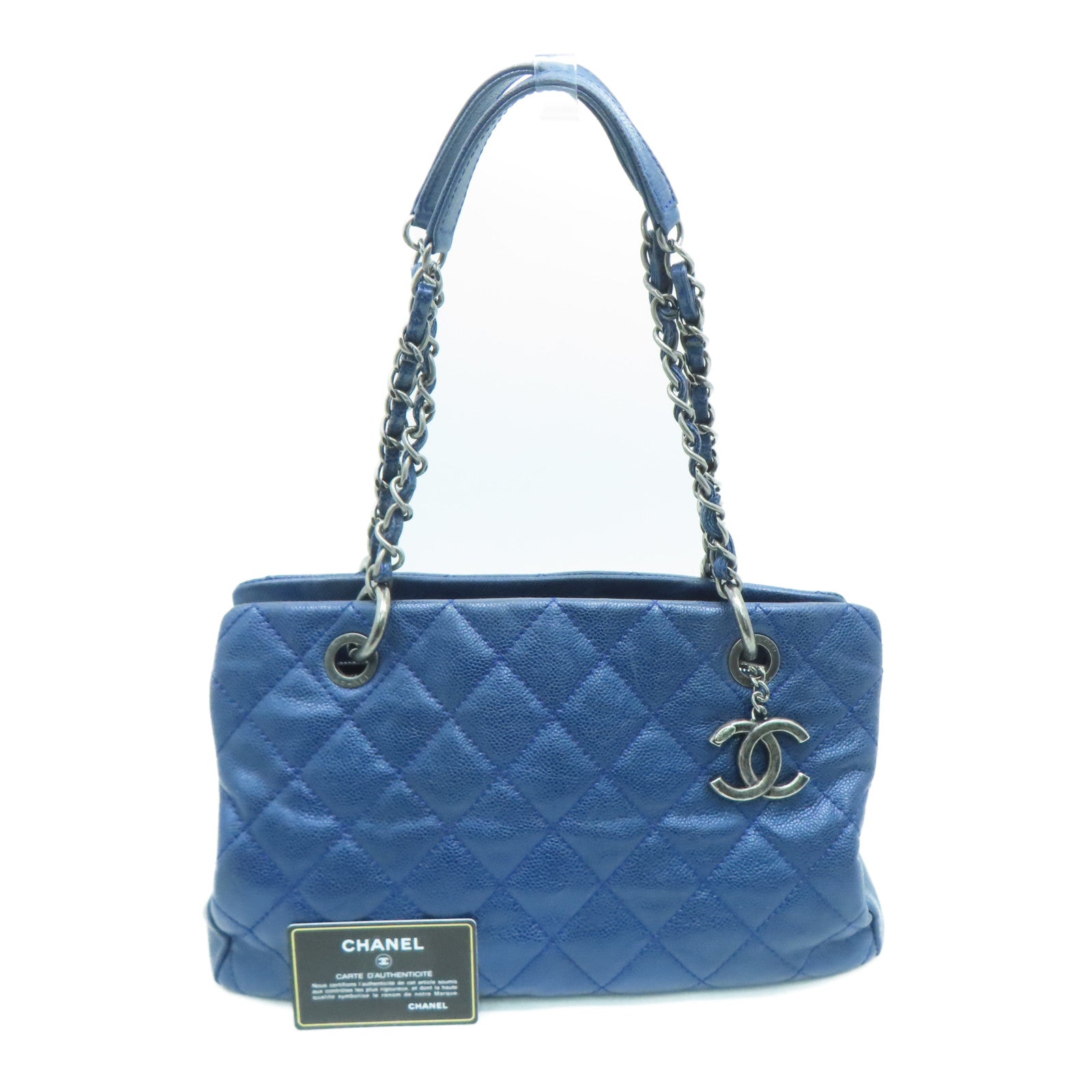 CHANEL Rhombus Caviar Leather Shoulder Bag Silver Buckle Shoulder Bag Blue