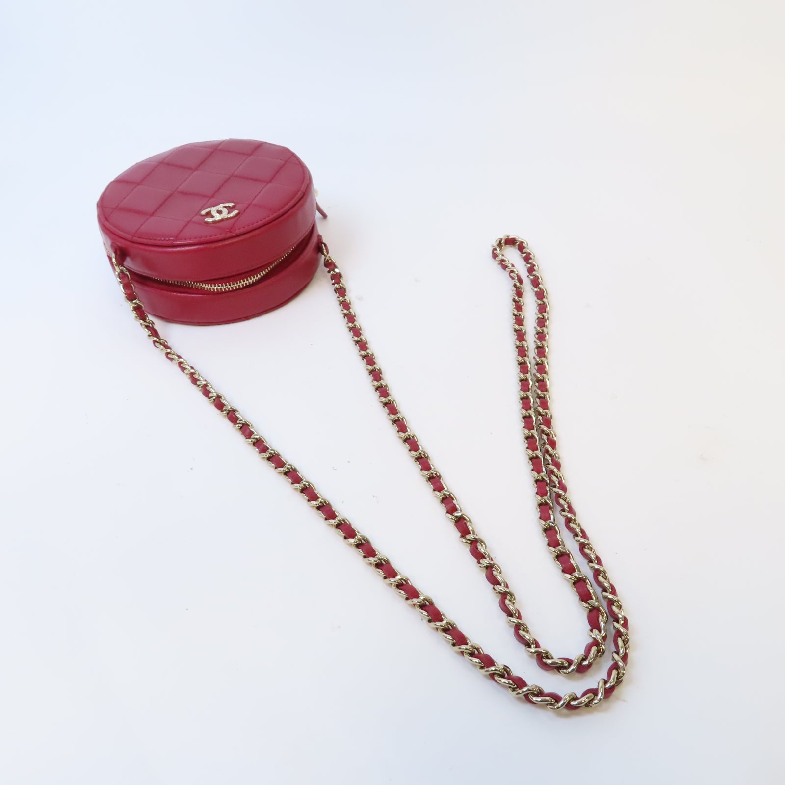 CHANEL 菱格牛皮皮革Chain Shoulder金扣鏈帶肩背袋紅色