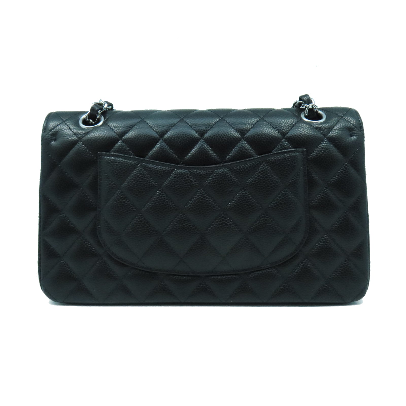 CHANEL 菱格Caviar皮革Classic 25cm銀扣鏈帶肩背袋黑色