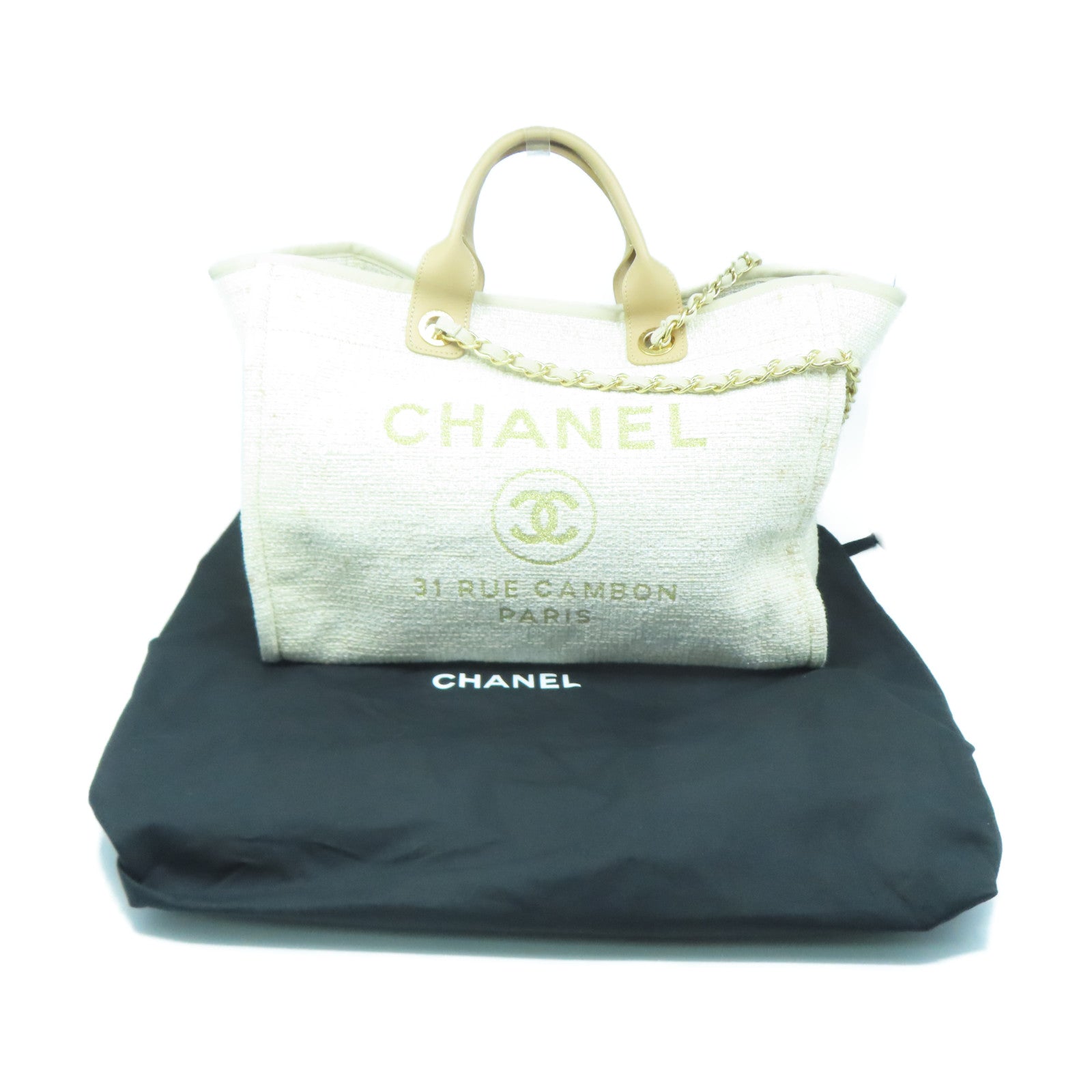 CHANEL Canvas Deauville Gold Button Handle Bag Beige