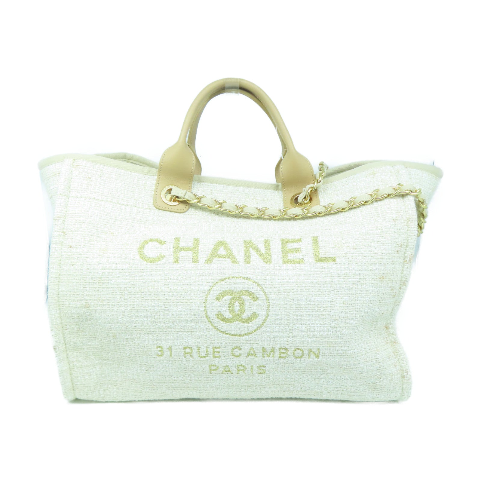 CHANEL Canvas Deauville Gold Button Handle Bag Beige