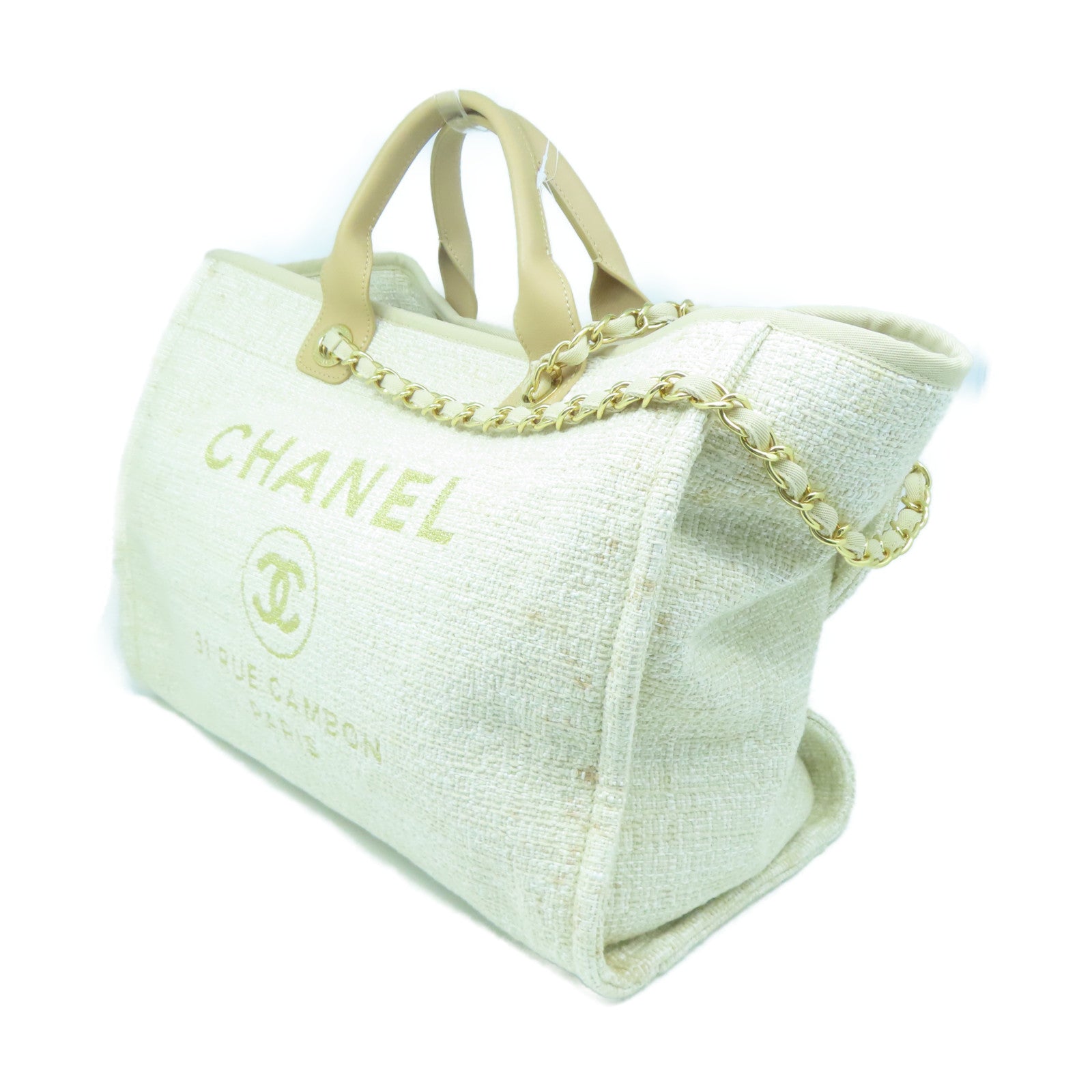 CHANEL Canvas Deauville Gold Button Handle Bag Beige