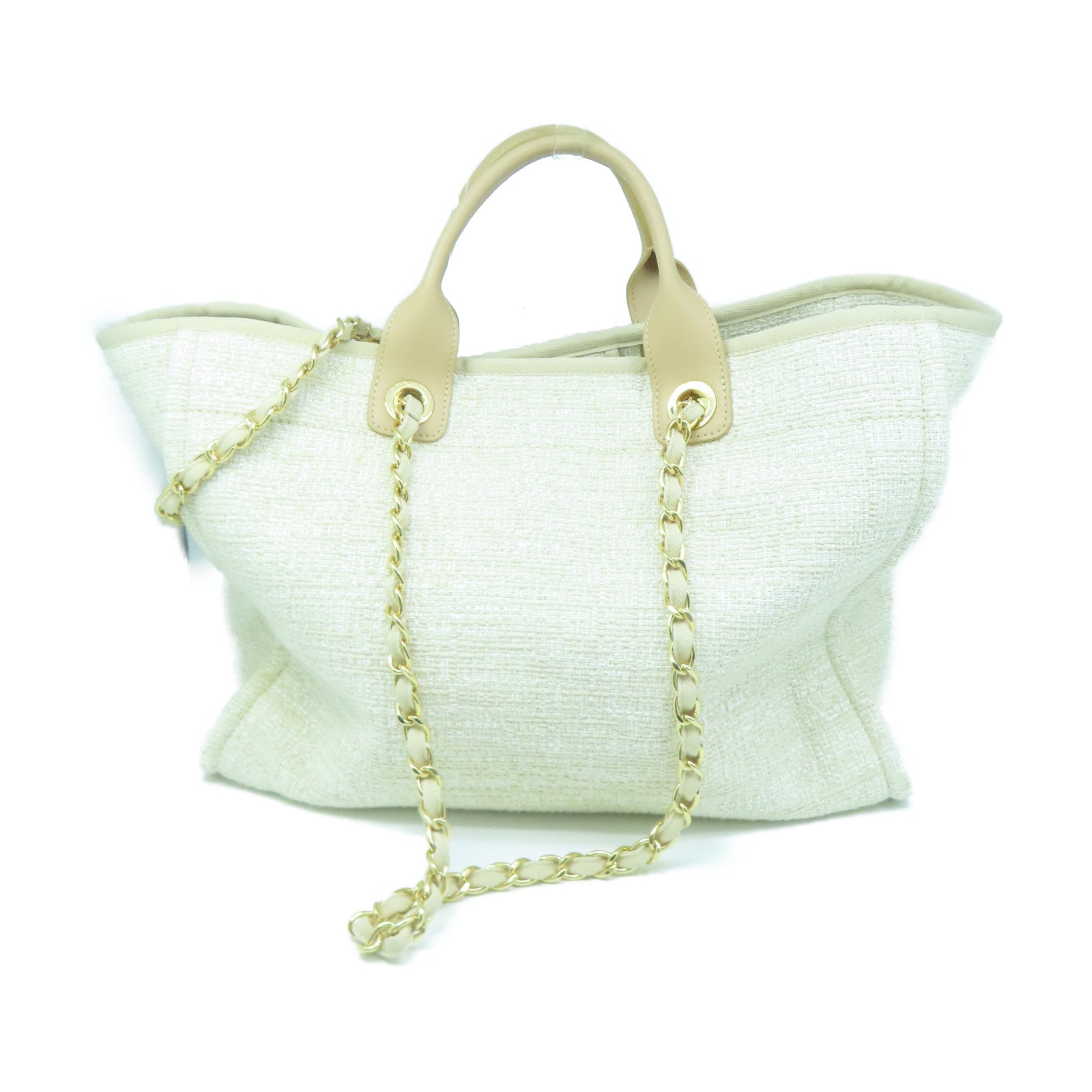 CHANEL Canvas Deauville Gold Button Handle Bag Beige