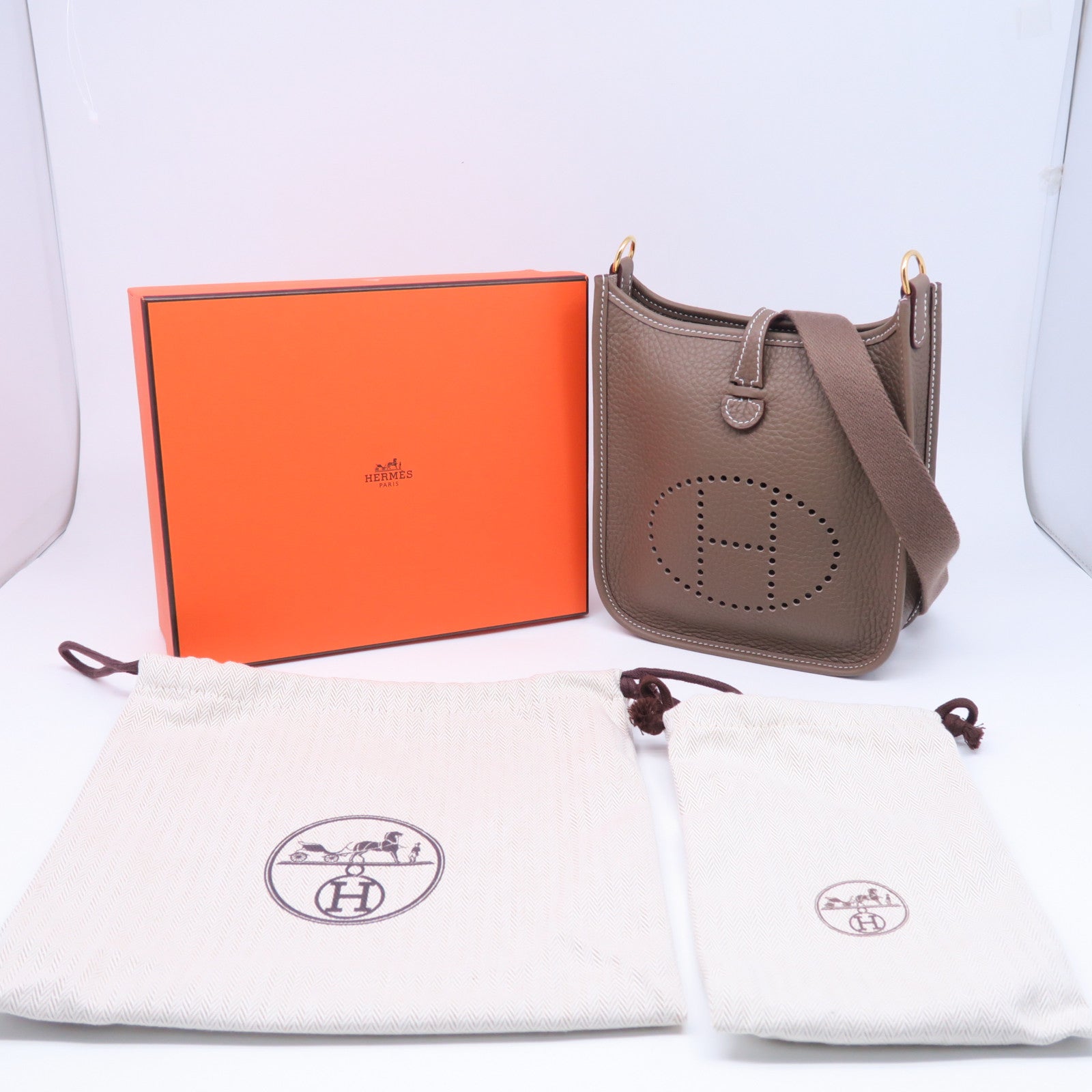 HERMES Clemence皮革Evelyne TPM金扣肩背袋大象灰色