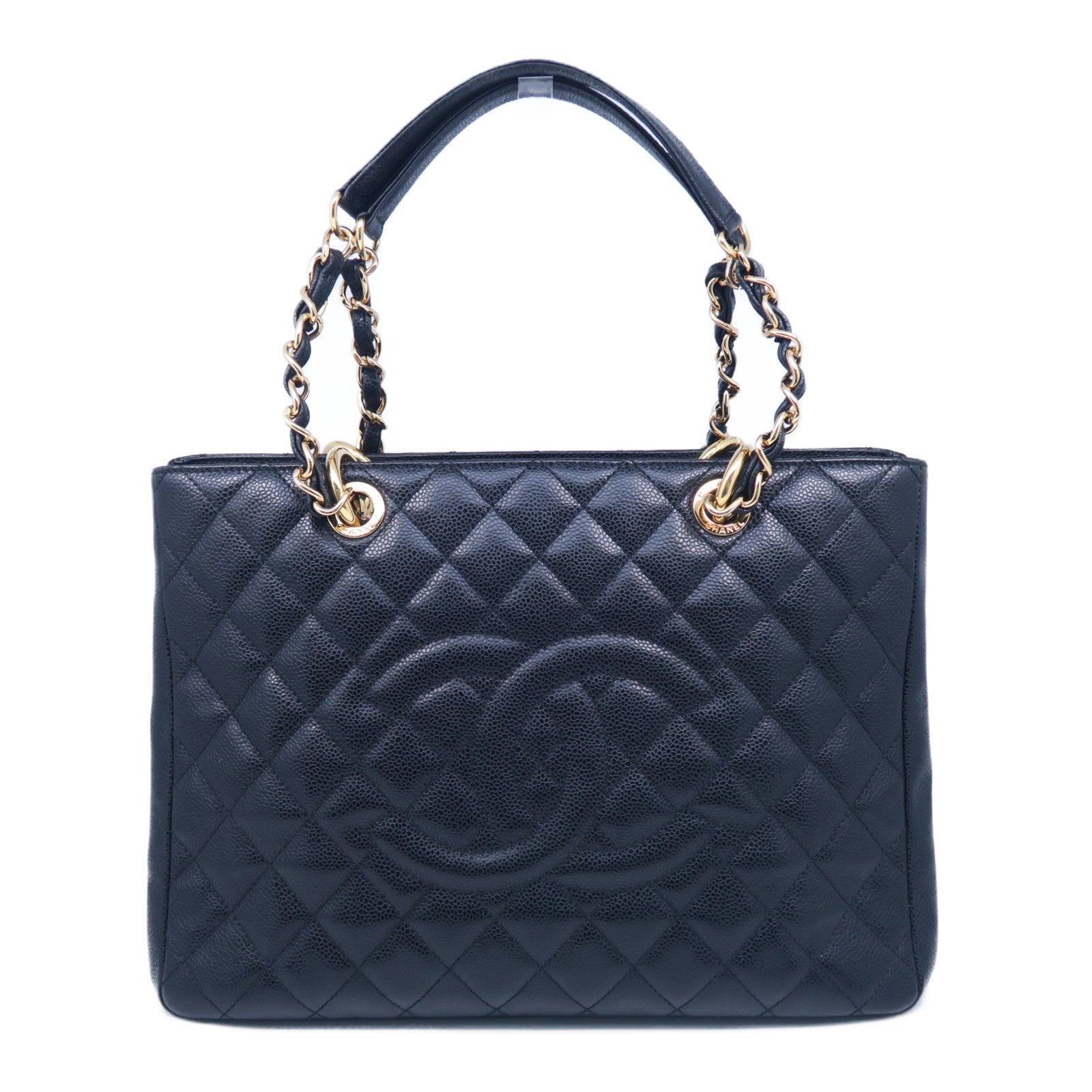 CHANEL 菱格Caviar皮革GST Shoulder Bag金扣鏈帶肩背袋黑色