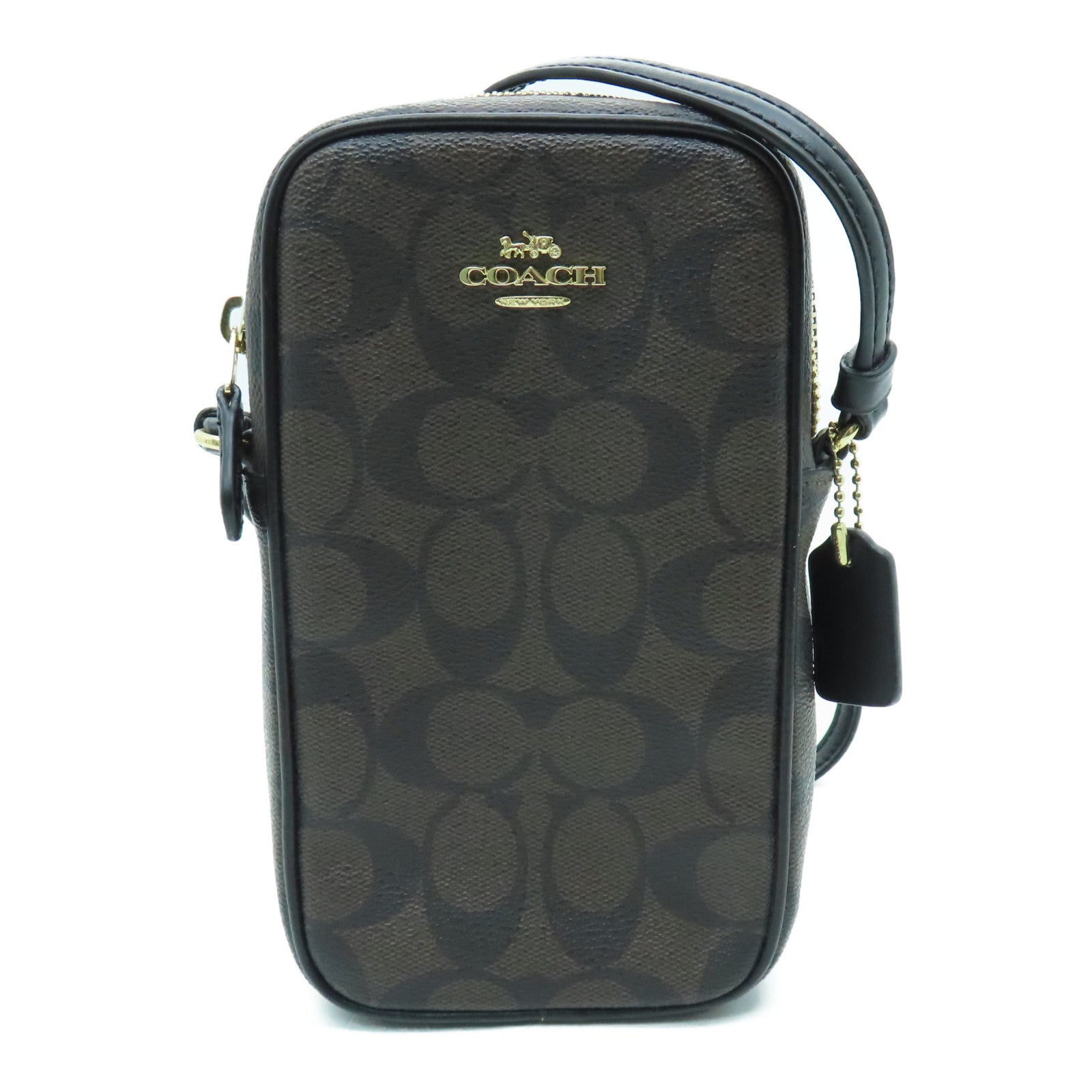 COACH 涂层帆布Phone Case Shoulder Bag金扣肩背袋啡色/黑色