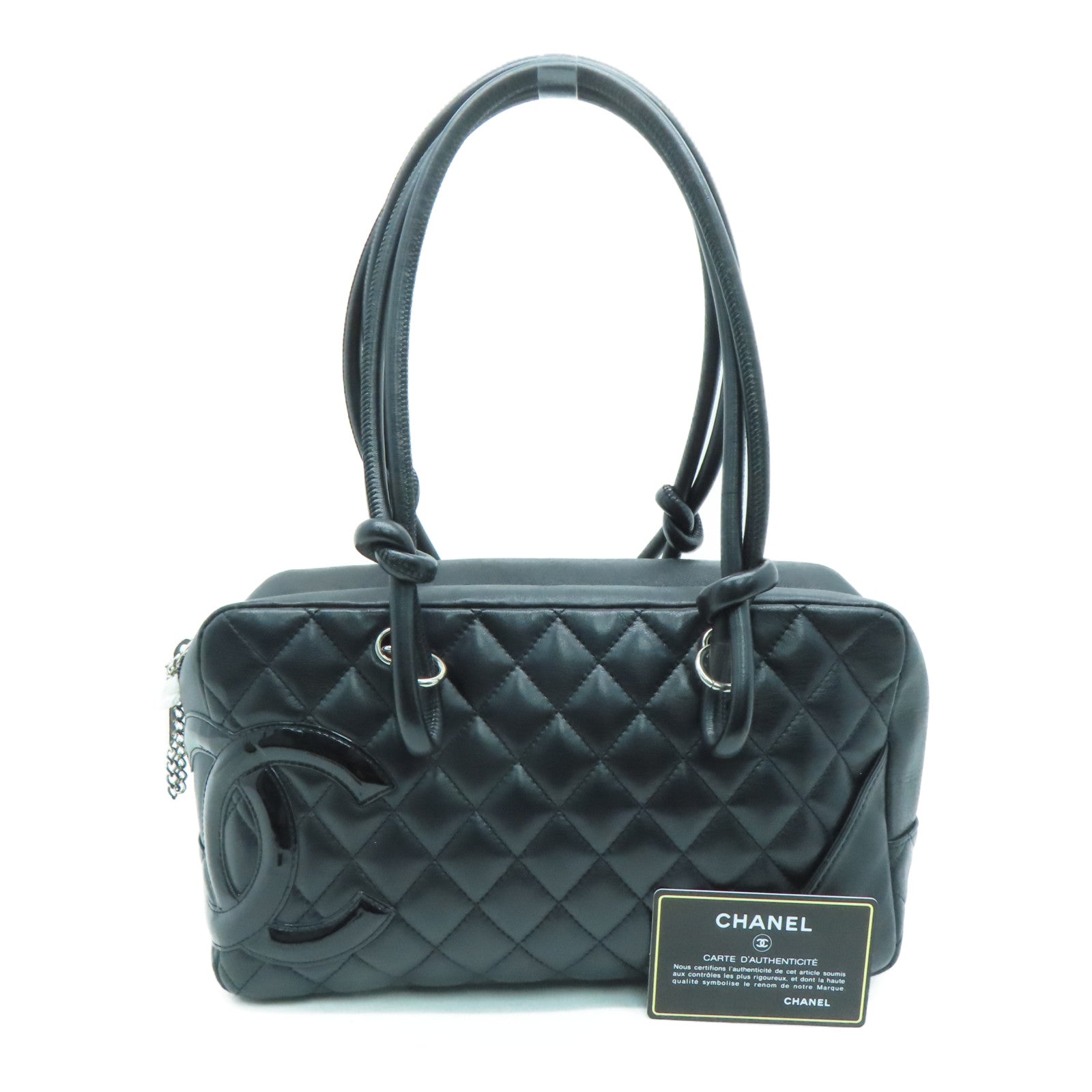 CHANEL 菱格牛皮皮革Cambonline Shoulder Bag銀扣肩背袋黑色