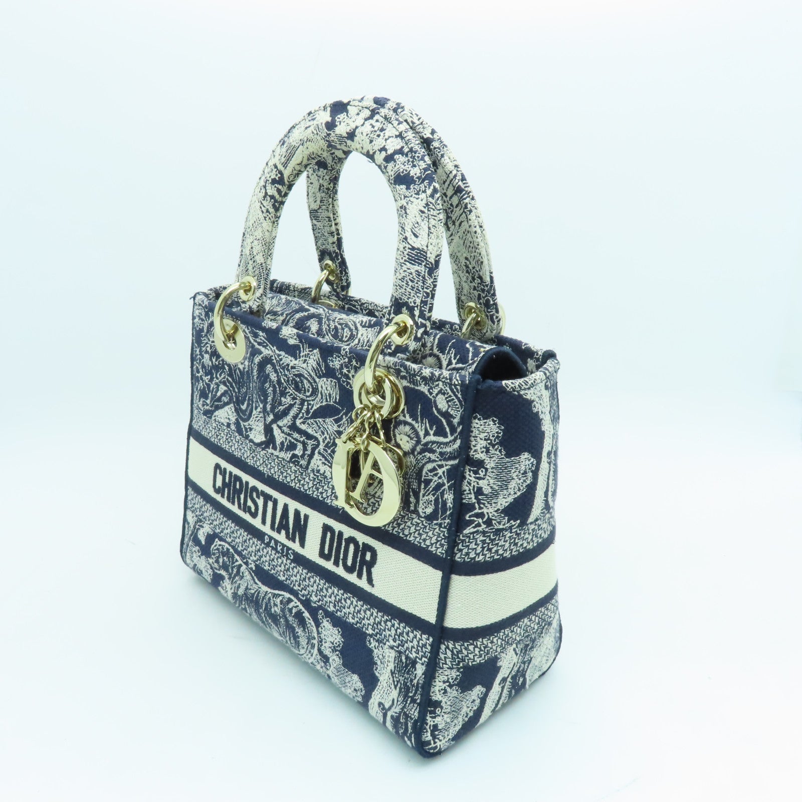 Dior 帆布Lady Dior Shoulder Bag金扣手挽肩背兩用袋藍色