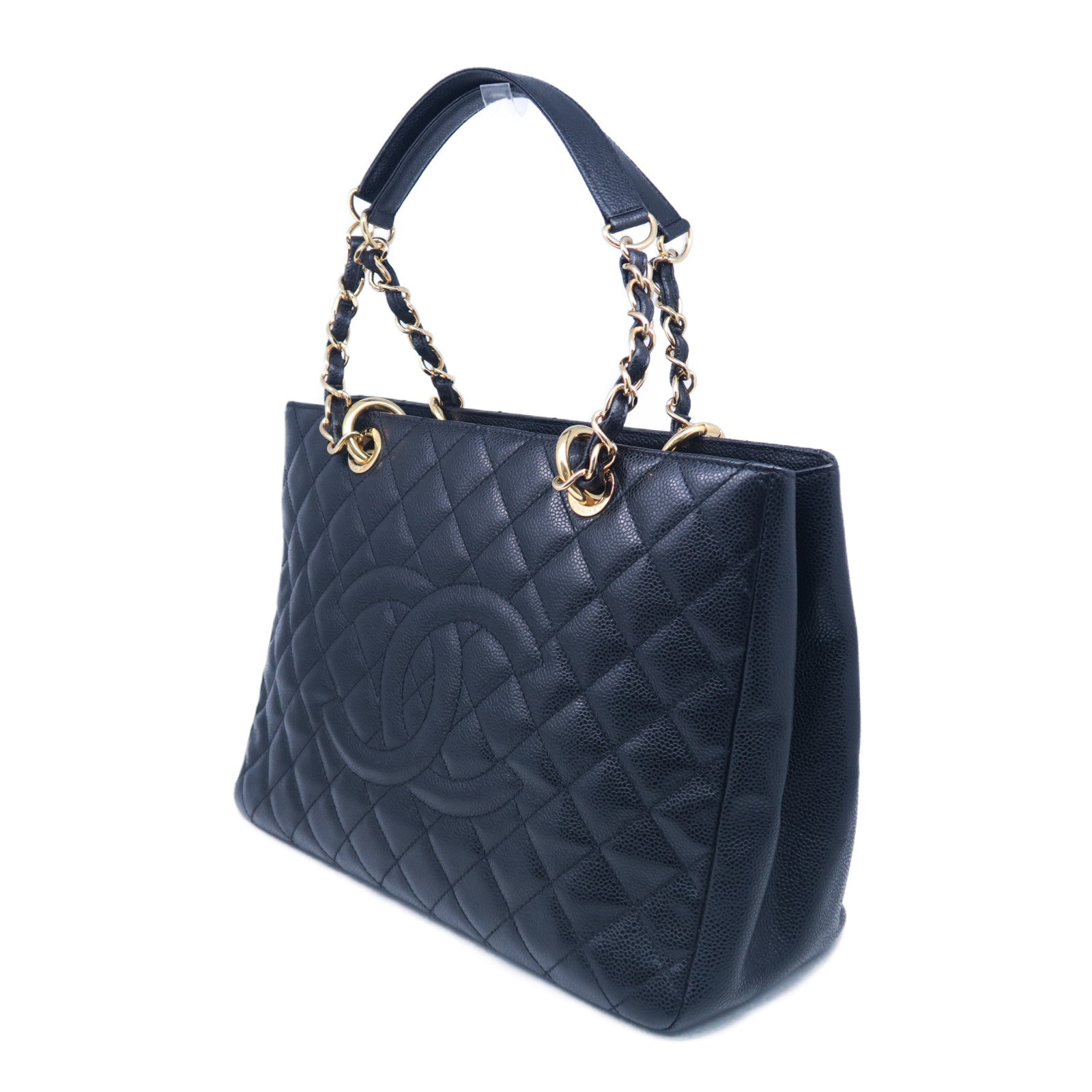 CHANEL 菱格Caviar皮革GST Shoulder Bag金扣鏈帶肩背袋黑色