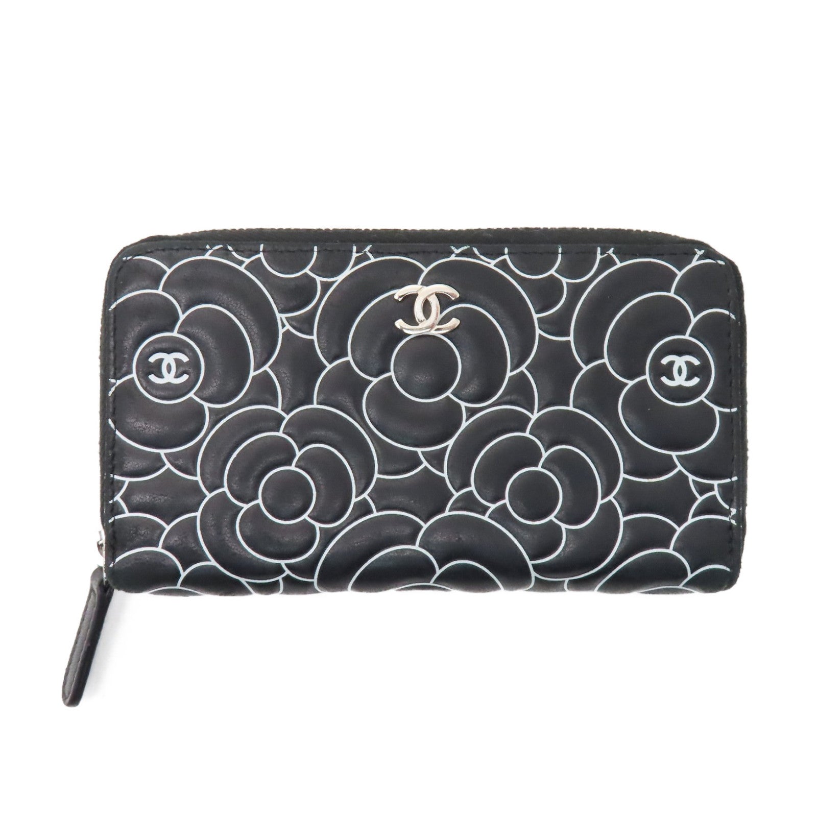 CHANEL 牛皮皮革Middle Zipper Wallet银扣拉链长钱包黑色/白色