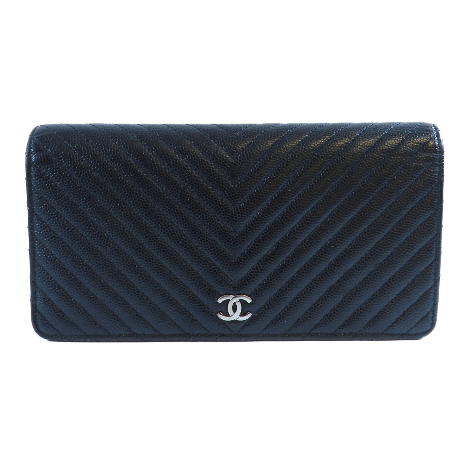 CHANEL 斜紋牛皮皮革Long Wallet銀扣長錢包黑色