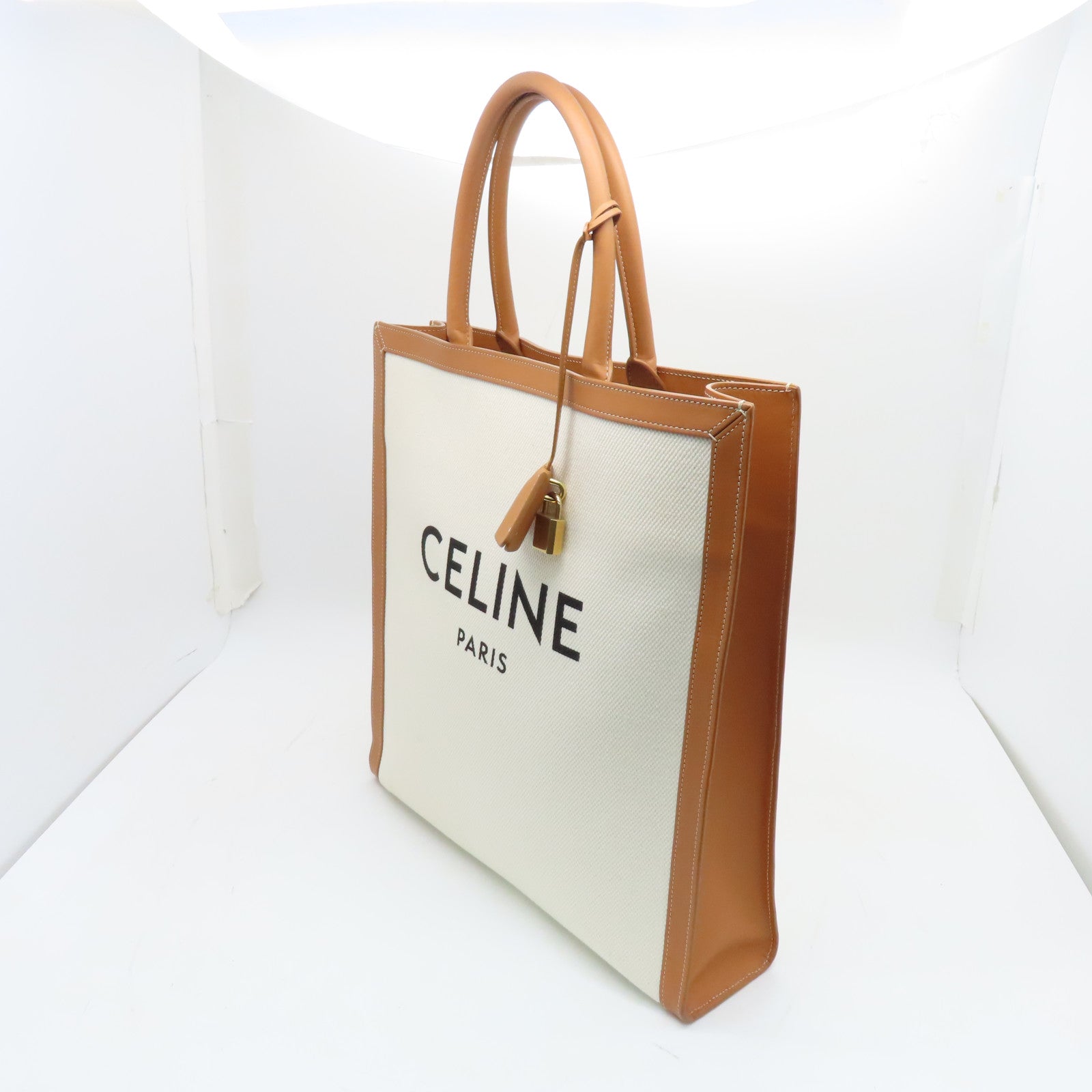 CELINE 帆布/牛皮皮革Large Vertical Bag金扣手挽袋啡色/白色