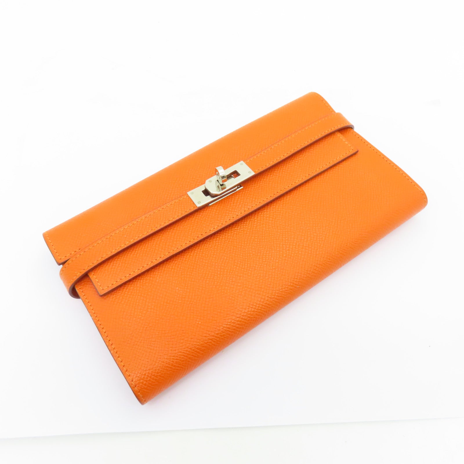 HERMES Epsom皮革Kelly Wallet銀扣長錢包Feu橙色