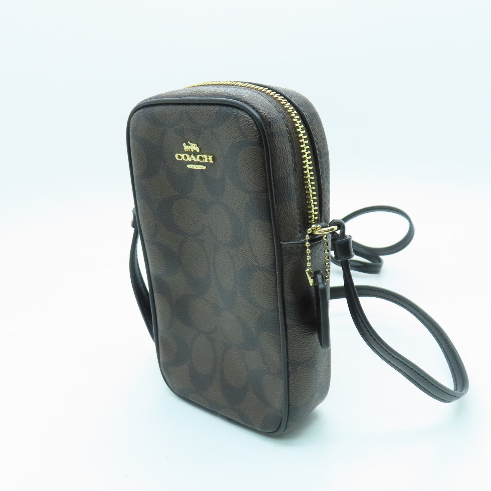COACH 涂层帆布Phone Case Shoulder Bag金扣肩背袋啡色/黑色