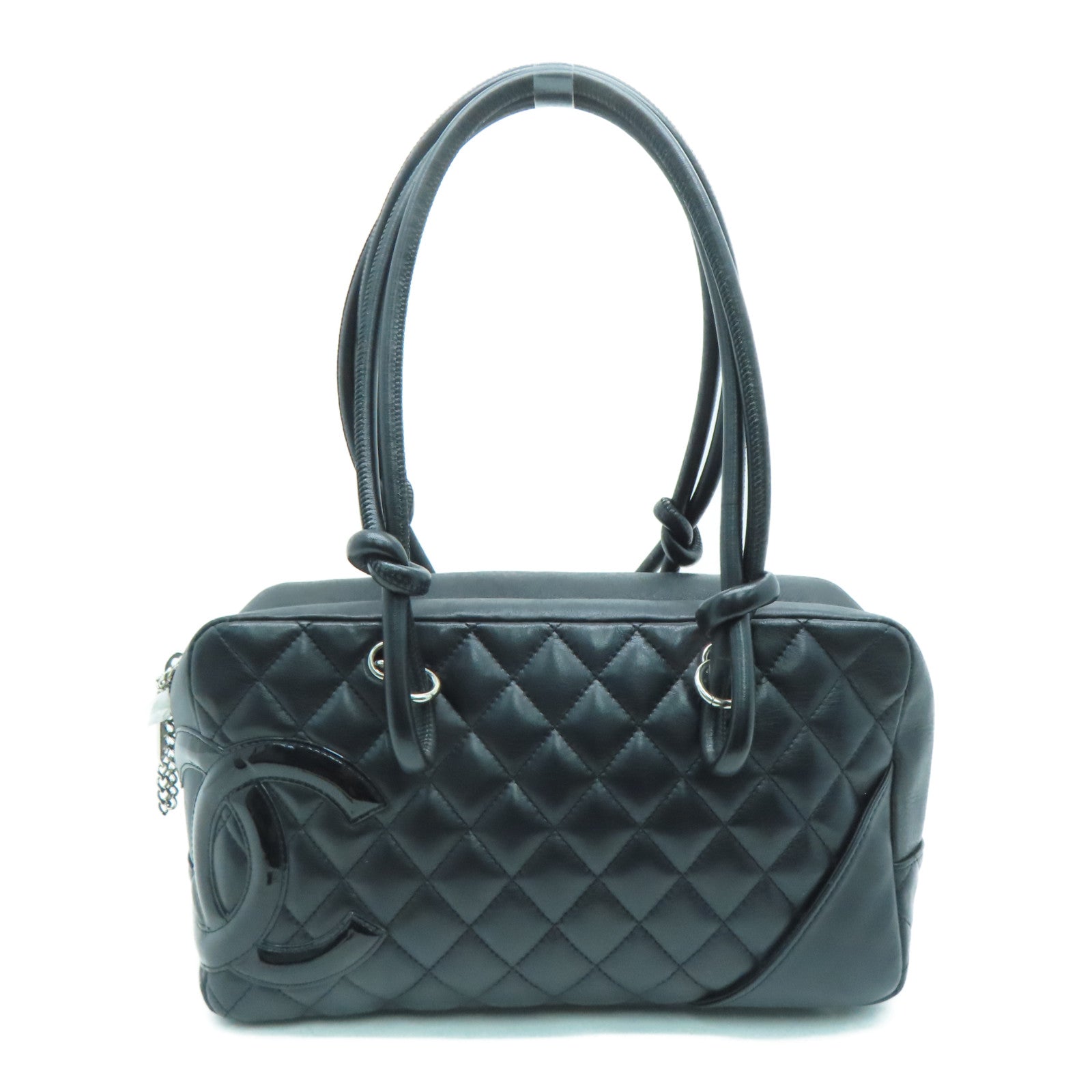 CHANEL 菱格牛皮皮革Cambonline Shoulder Bag銀扣肩背袋黑色