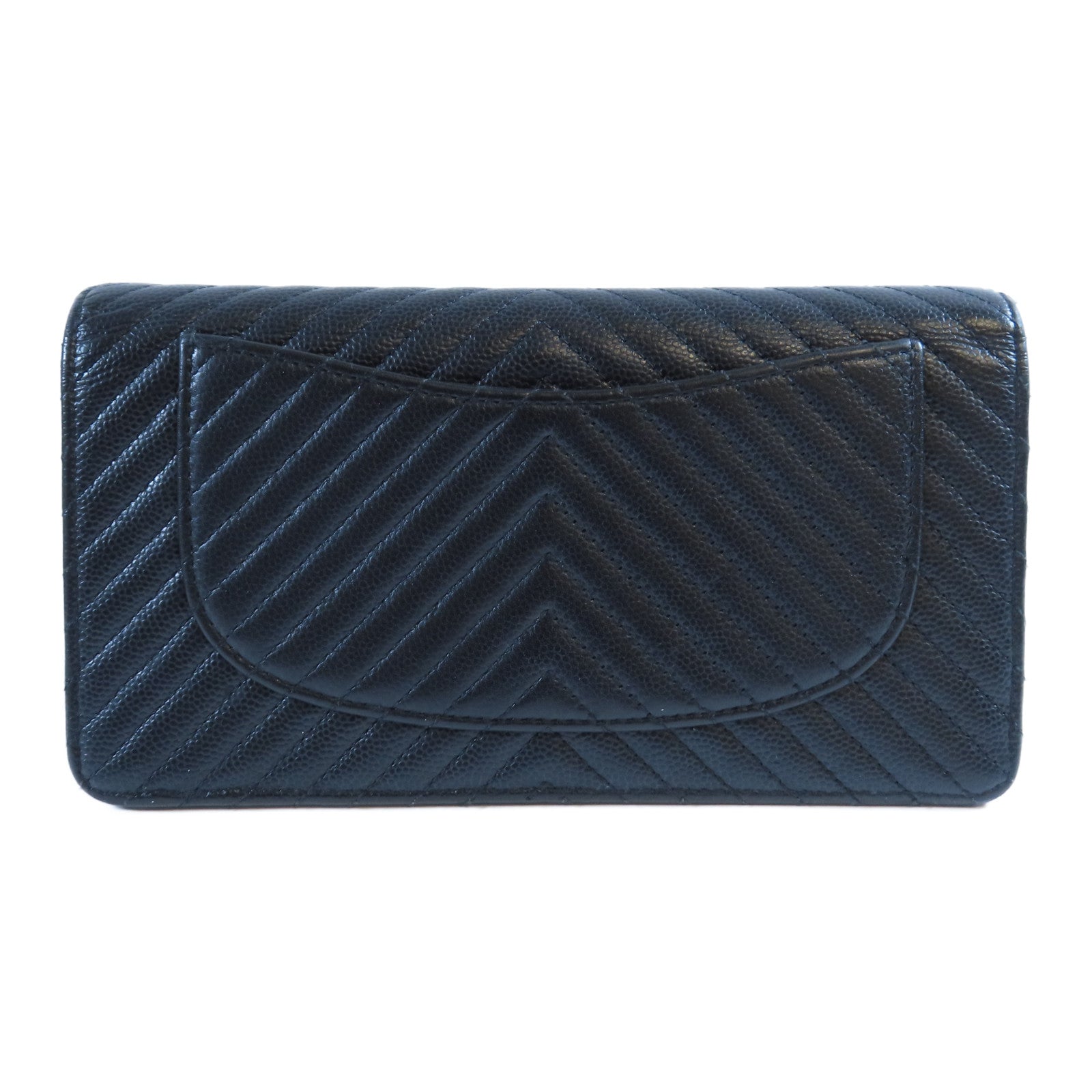 CHANEL 斜紋牛皮皮革Long Wallet銀扣長錢包黑色