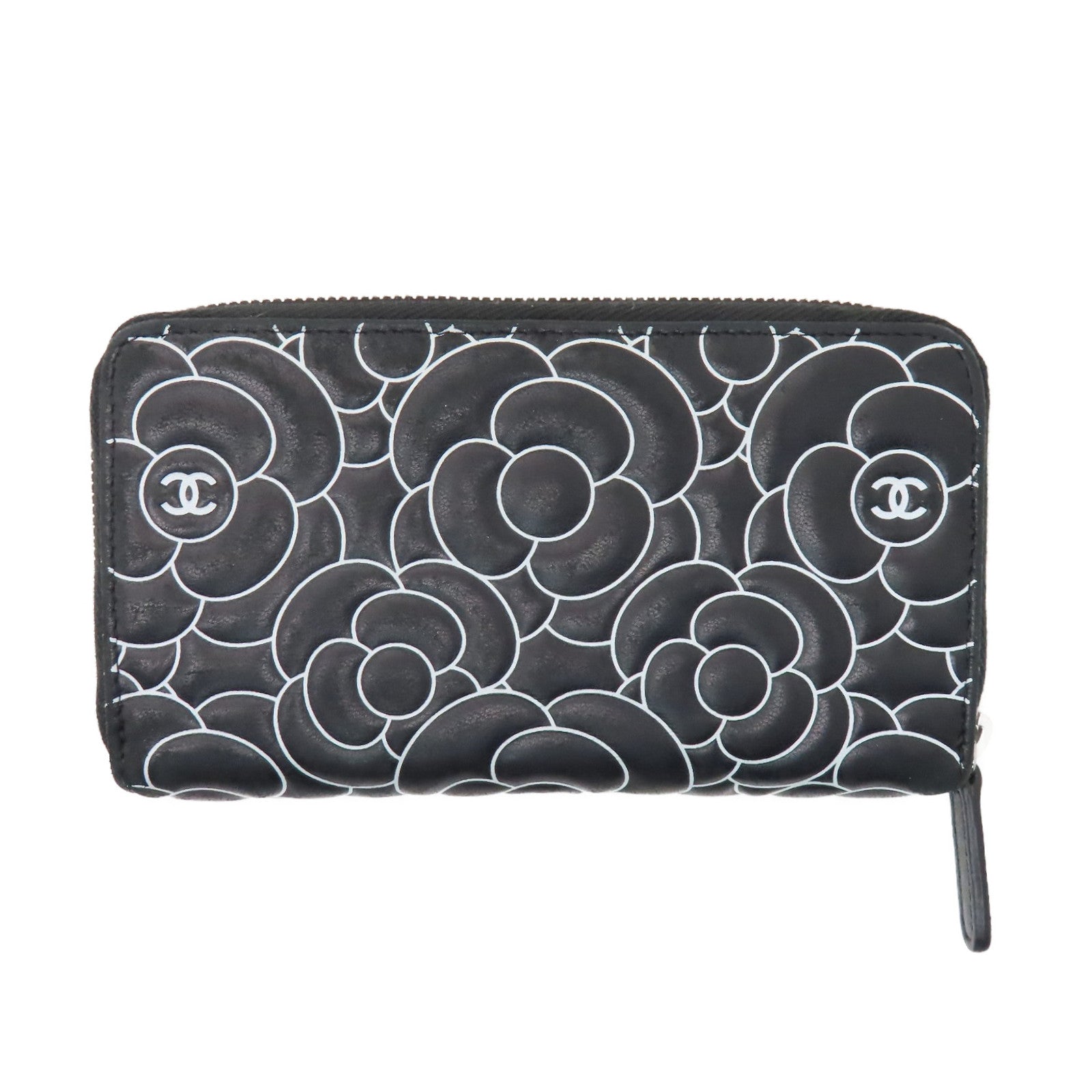 CHANEL 牛皮皮革Middle Zipper Wallet银扣拉链长钱包黑色/白色