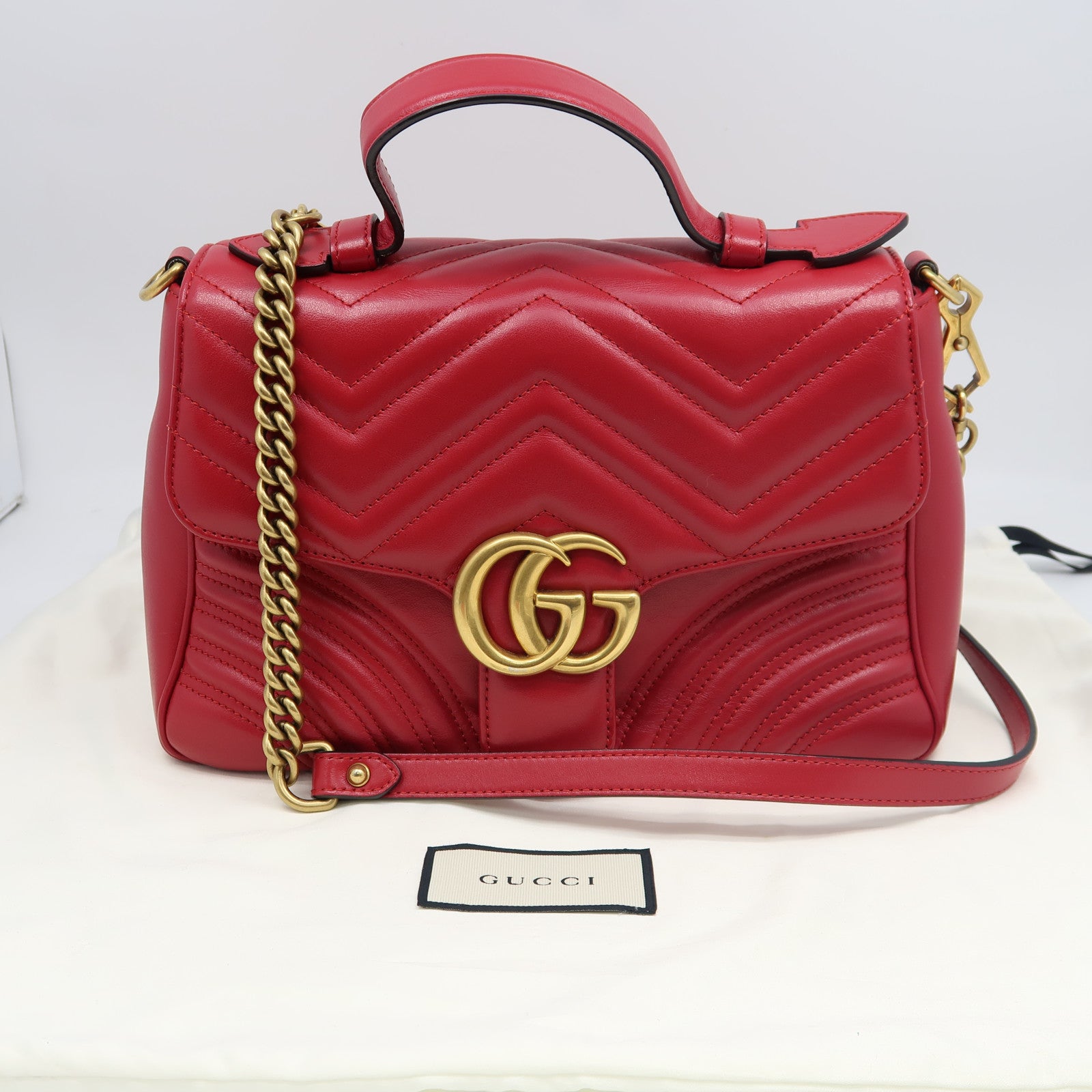 GUCCI 牛皮皮革GG Marmont金扣手挽鏈帶肩背兩用袋紅色