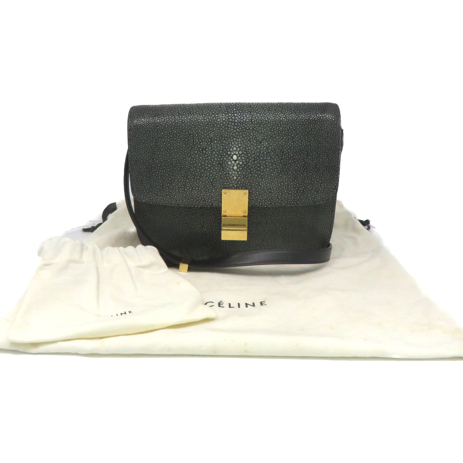 CELINE 【激減優惠】魔鬼魚皮革Box Shoulder Bag金扣肩背袋碳灰色
