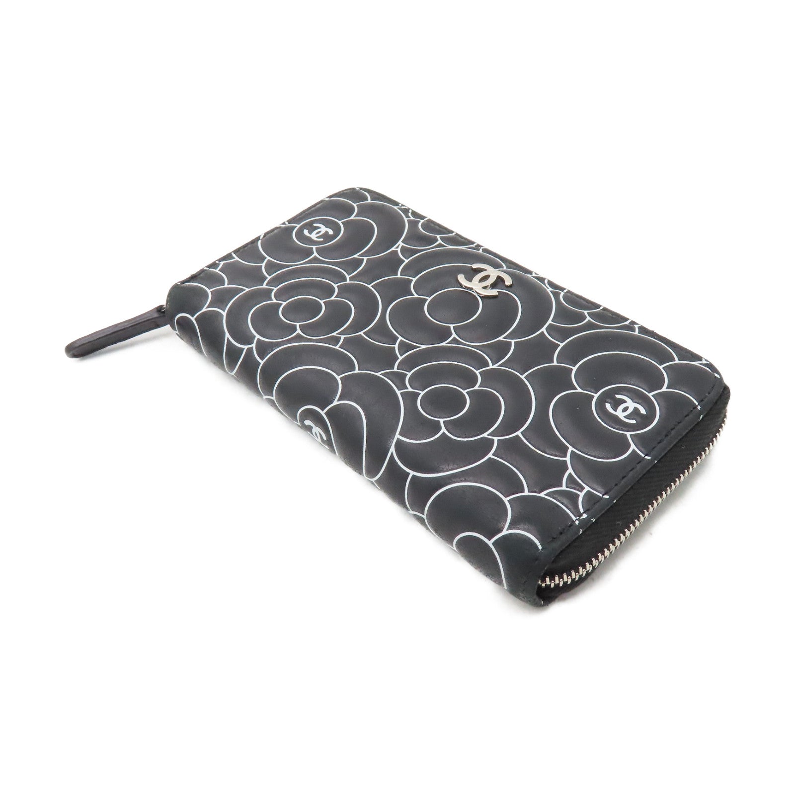 CHANEL 牛皮皮革Middle Zipper Wallet银扣拉链长钱包黑色/白色