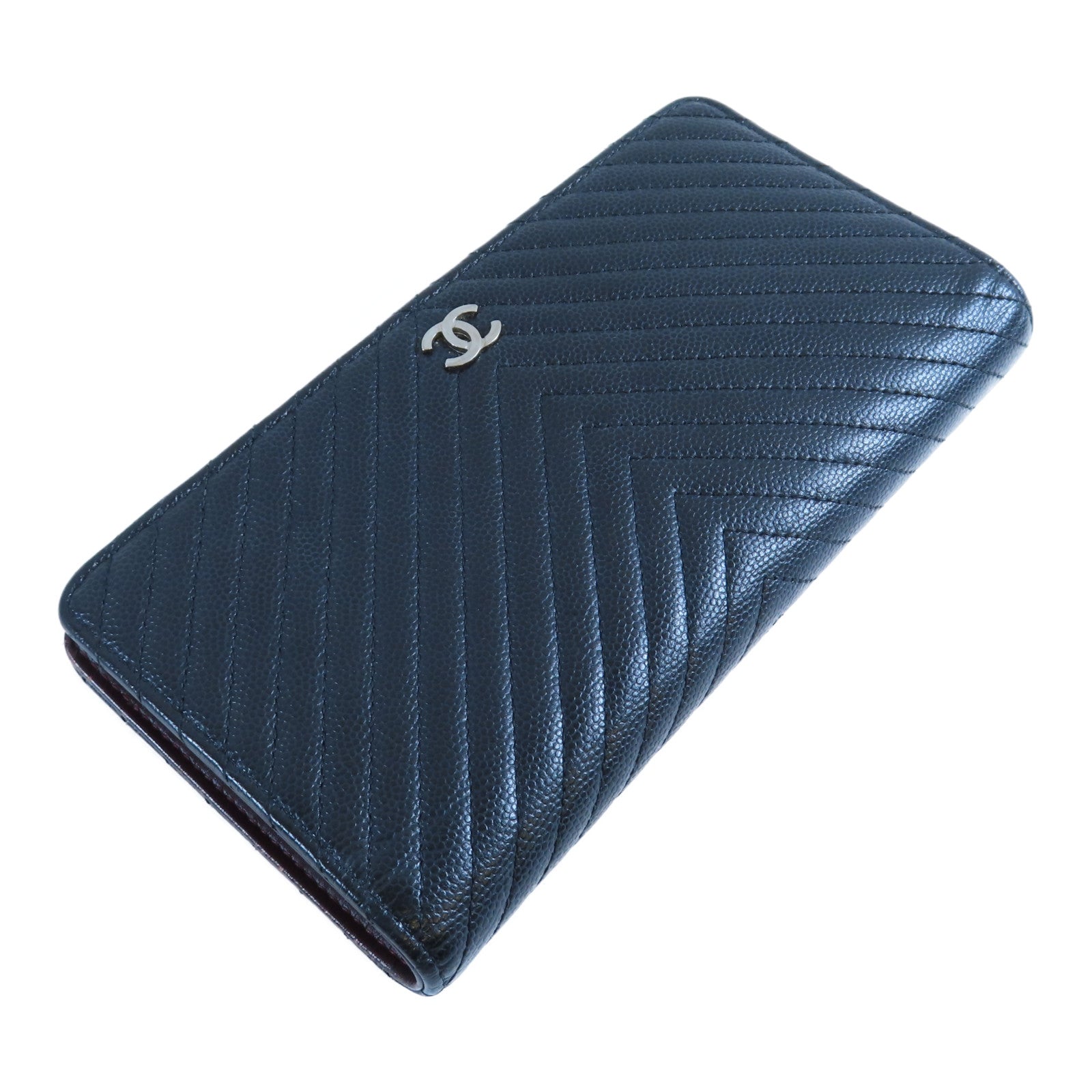 CHANEL 斜紋牛皮皮革Long Wallet銀扣長錢包黑色