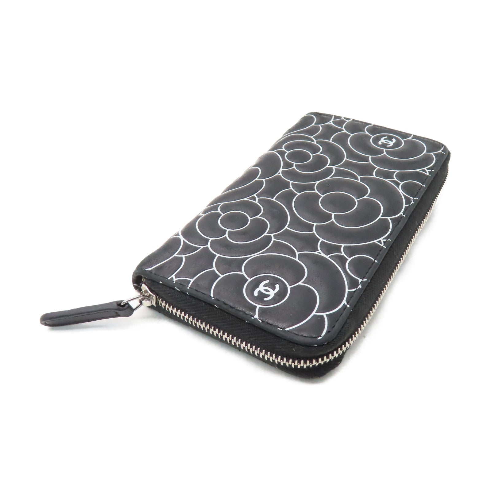 CHANEL 牛皮皮革Middle Zipper Wallet银扣拉链长钱包黑色/白色