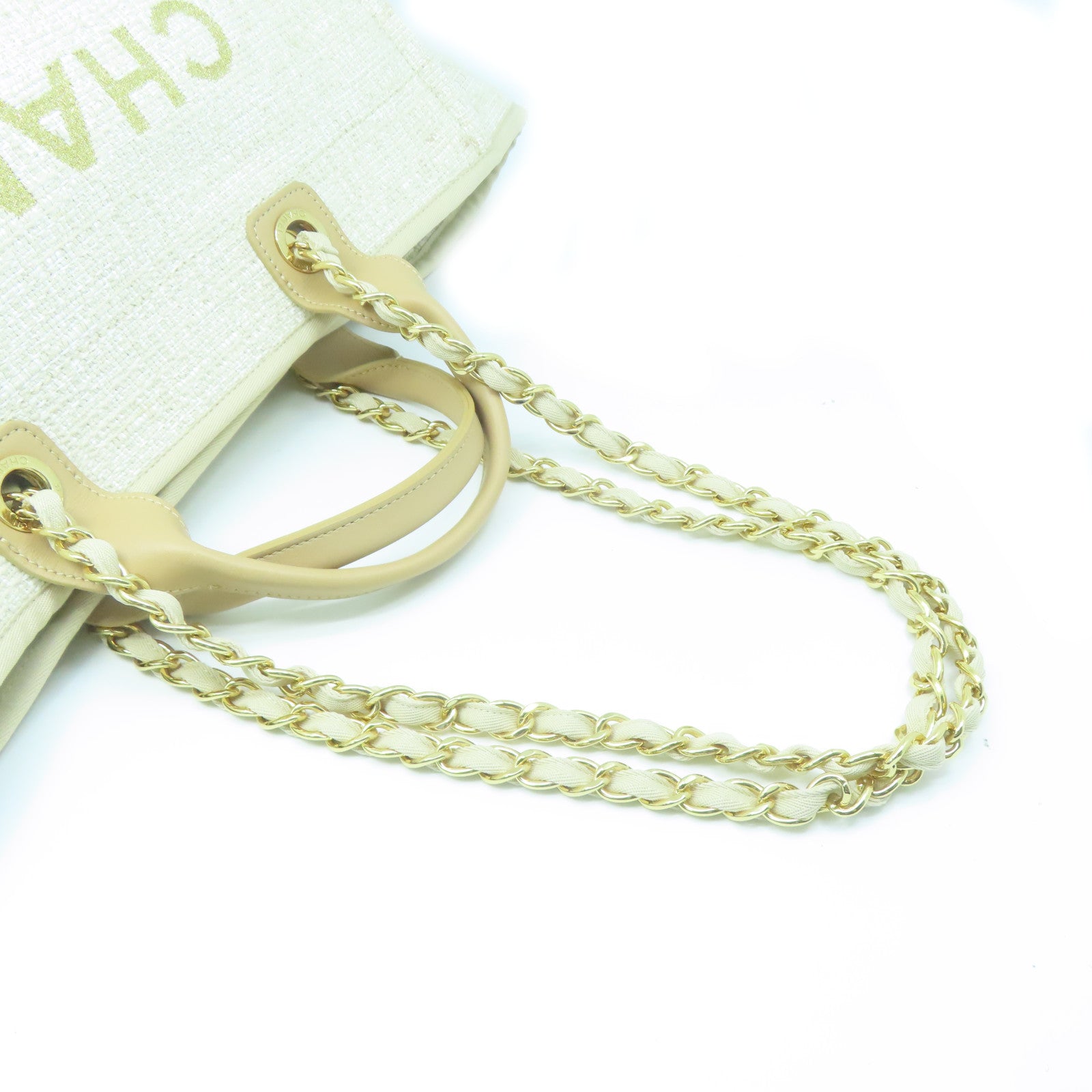 CHANEL Canvas Deauville Gold Button Handle Bag Beige