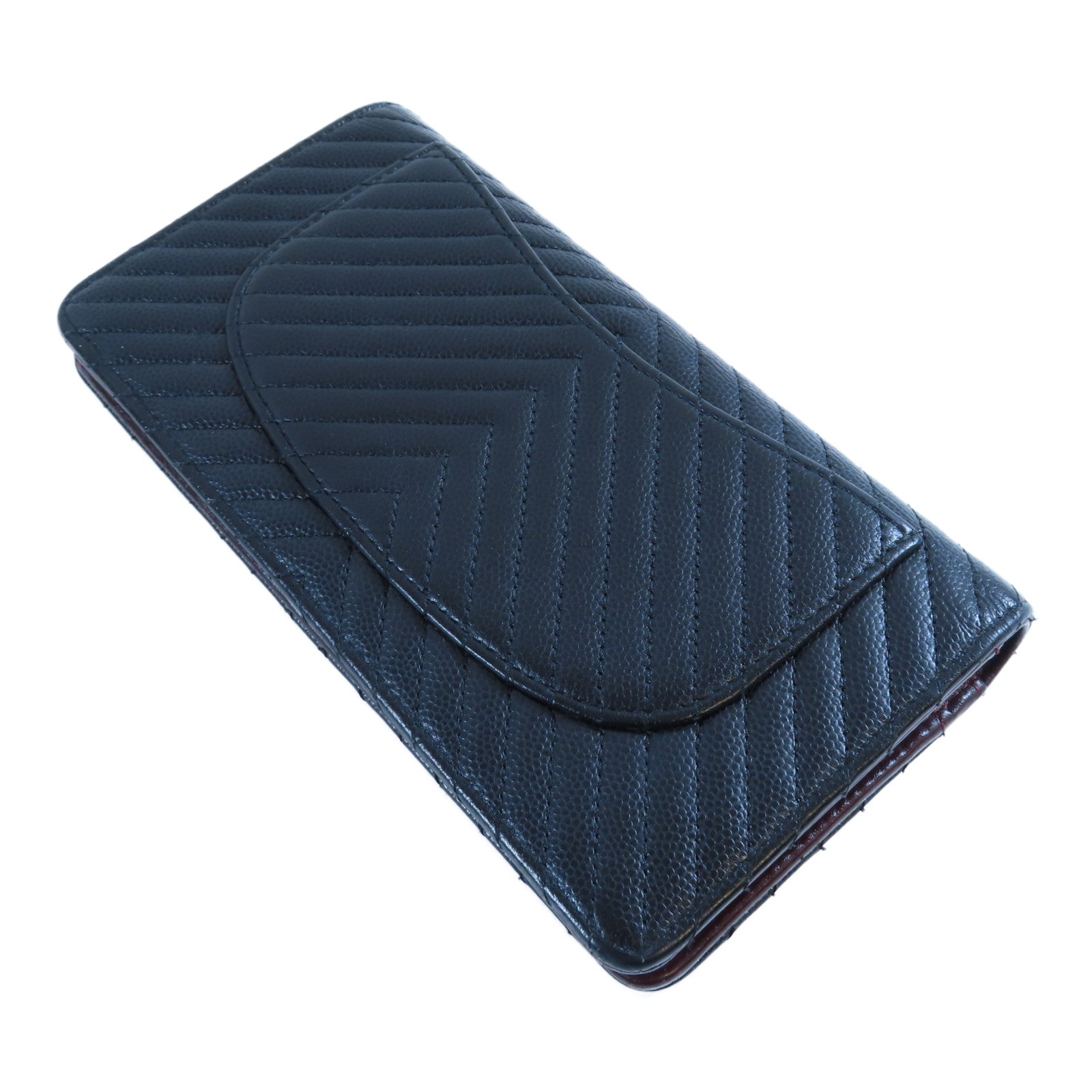 CHANEL 斜紋牛皮皮革Long Wallet銀扣長錢包黑色