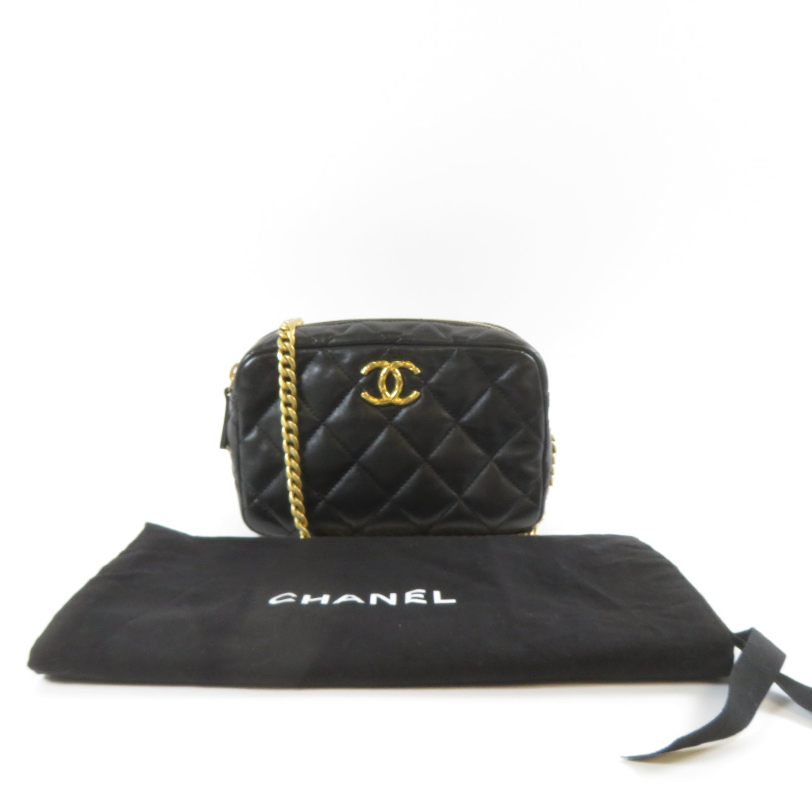 CHANEL 菱格牛皮皮革Chain Shoulder金扣鏈帶肩背袋黑色