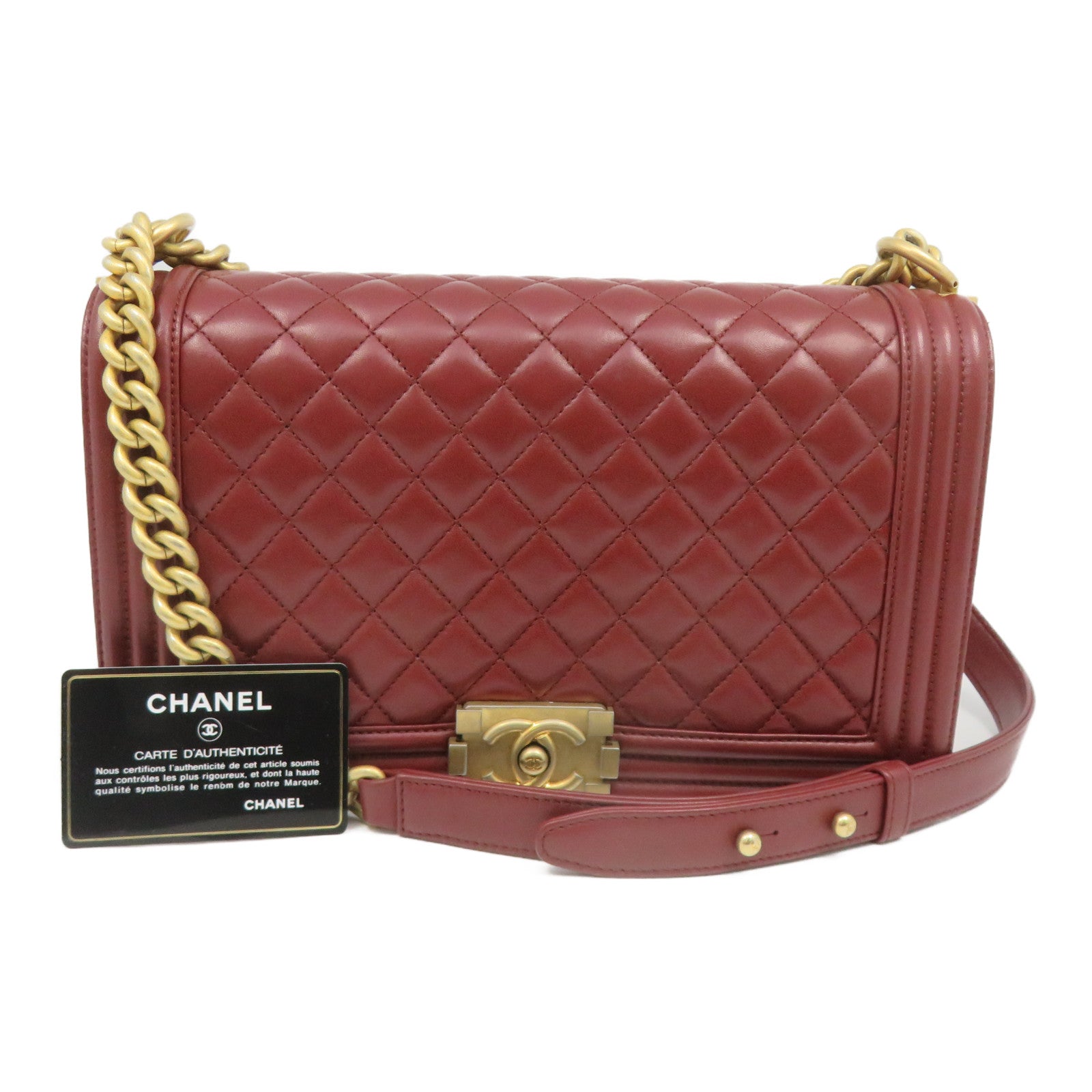 CHANEL 【激减优惠】菱格羊皮皮革Boy Chanel 28cm金扣链带肩背袋红色